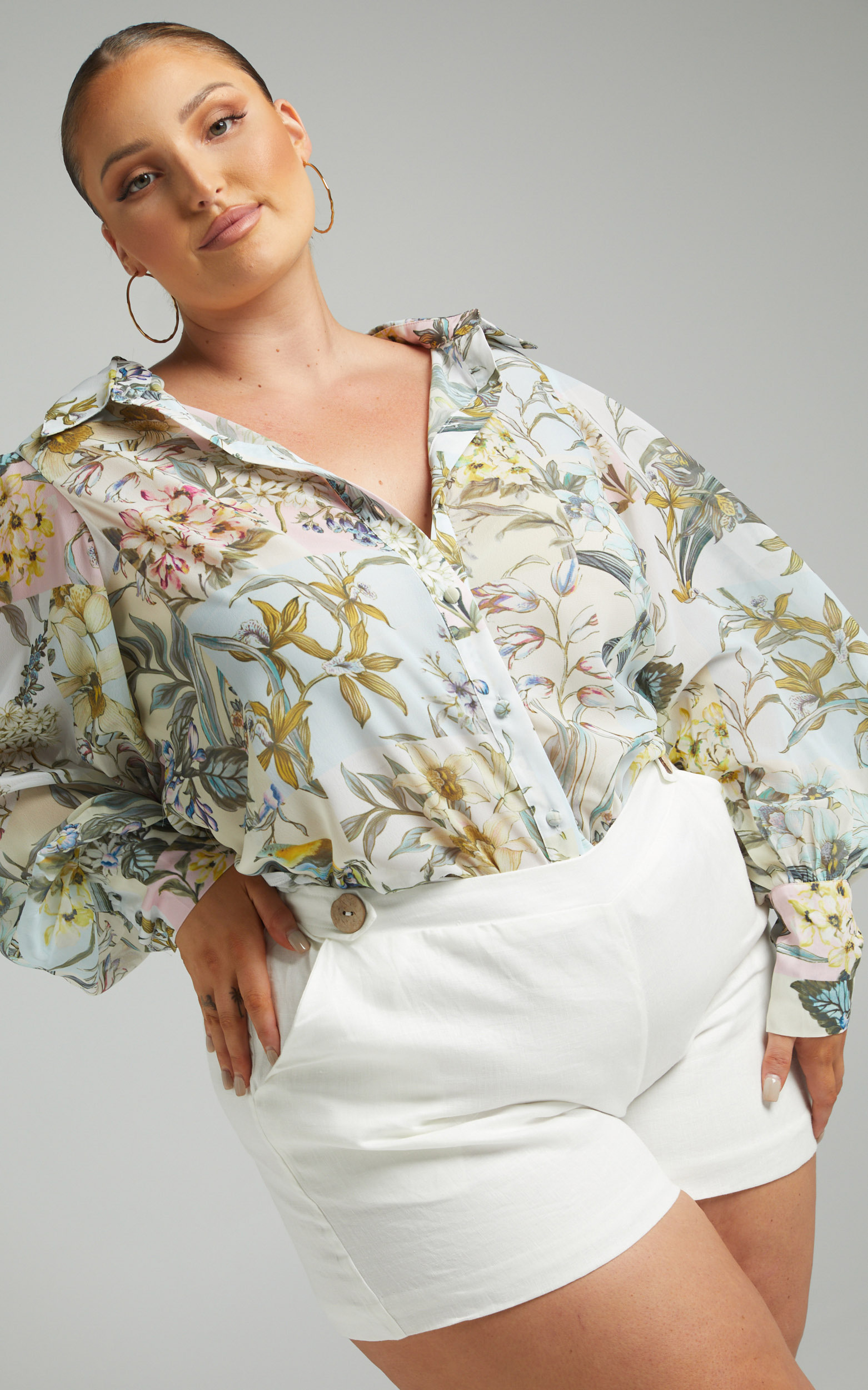 Virgette Printed Collared Balloon Sleeve Blouse in Boho Patchwork - 04, MLT1, hi-res image number null