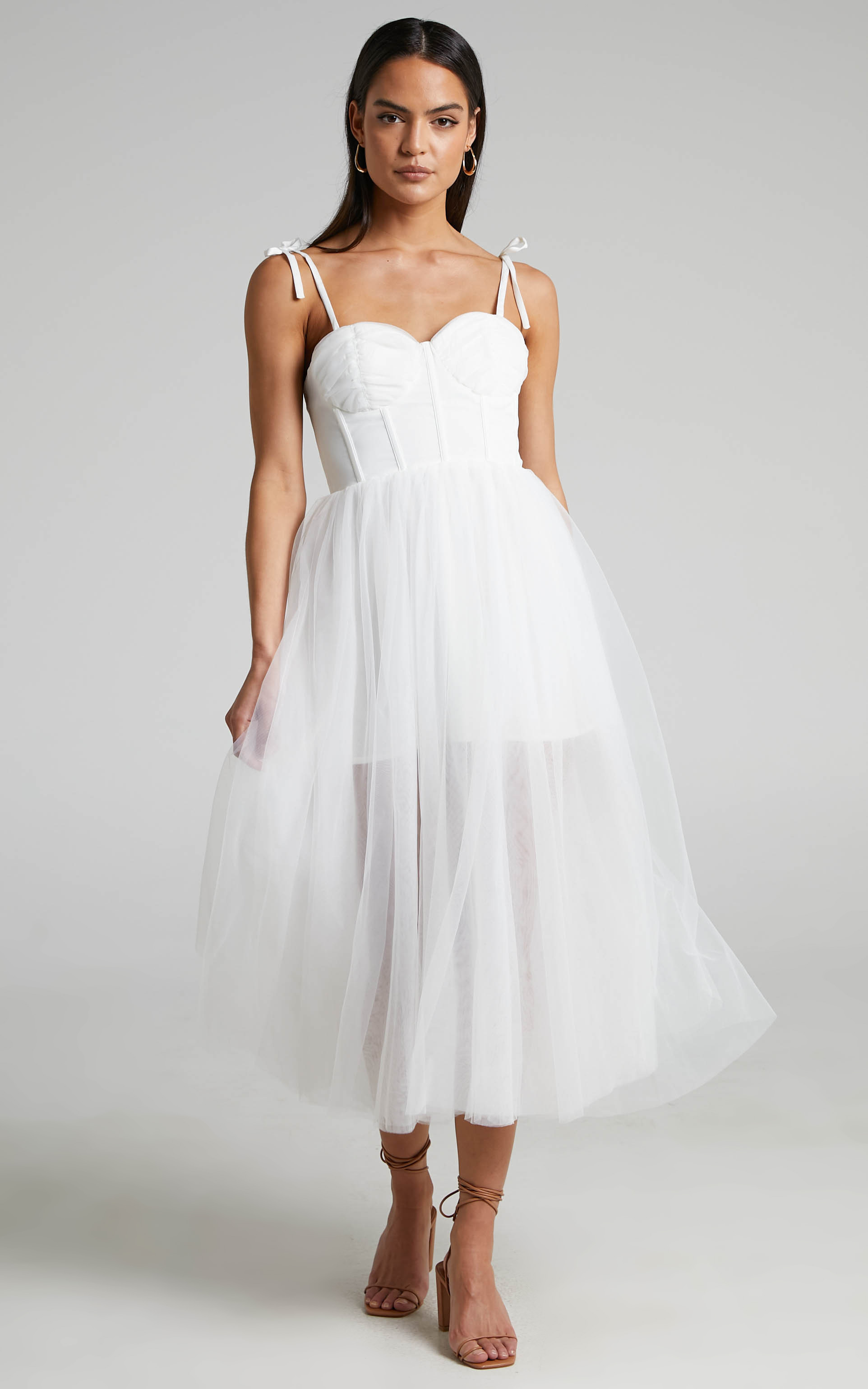 Aisha Bustier Bodice Tulle Midi Dress in White - 06, WHT1, hi-res image number null