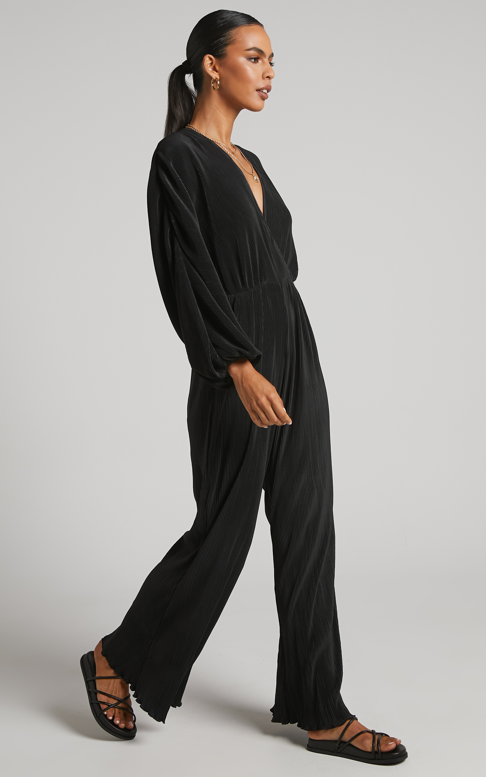 Amarante Jumpsuit - Plisse V Neck Long Sleeve Jumpsuit in Black - 20, BLK1, hi-res image number null