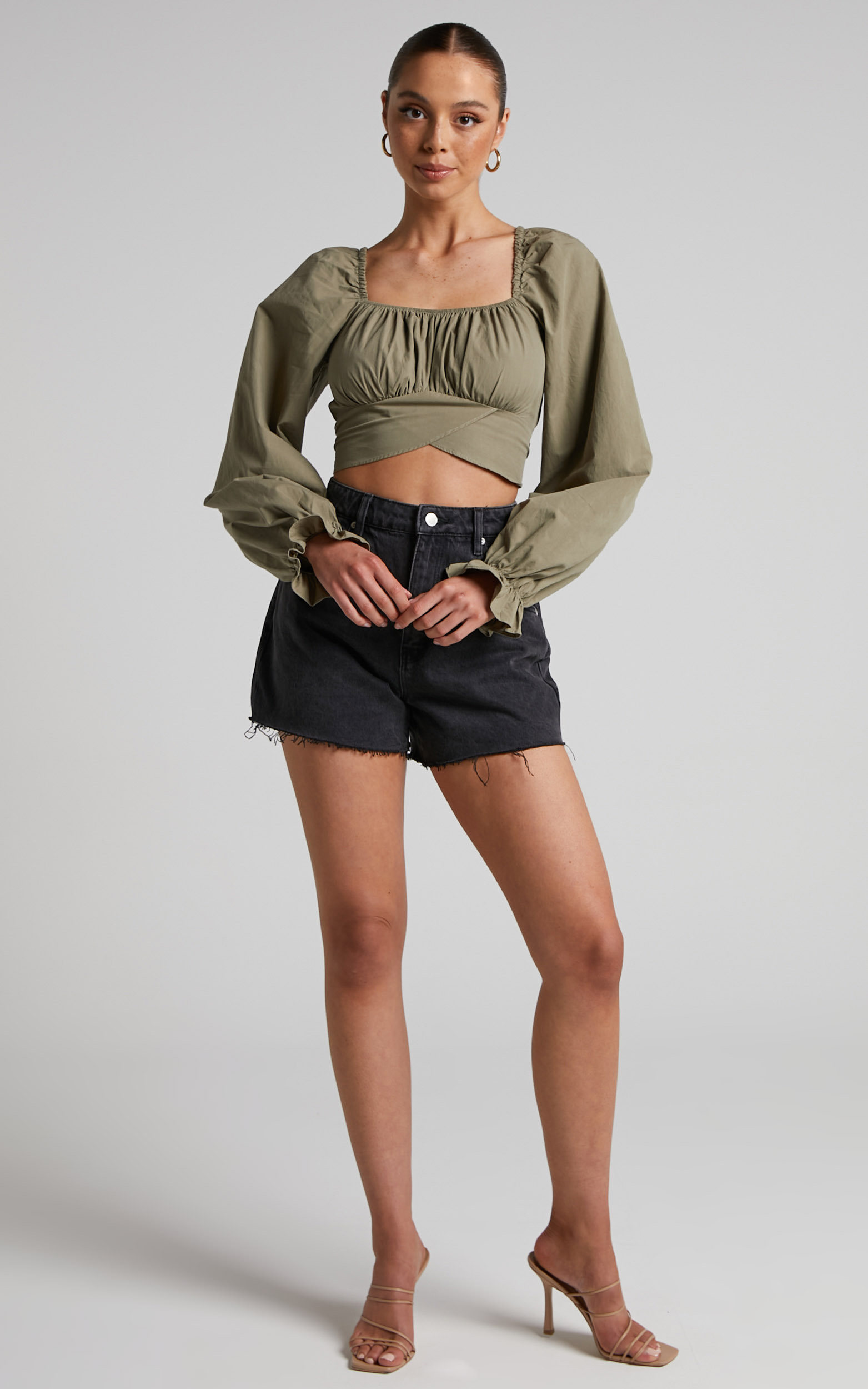 Verne Blouse - Long Sleeve Ruched Blouse in Khaki - 06, GRN1, hi-res image number null