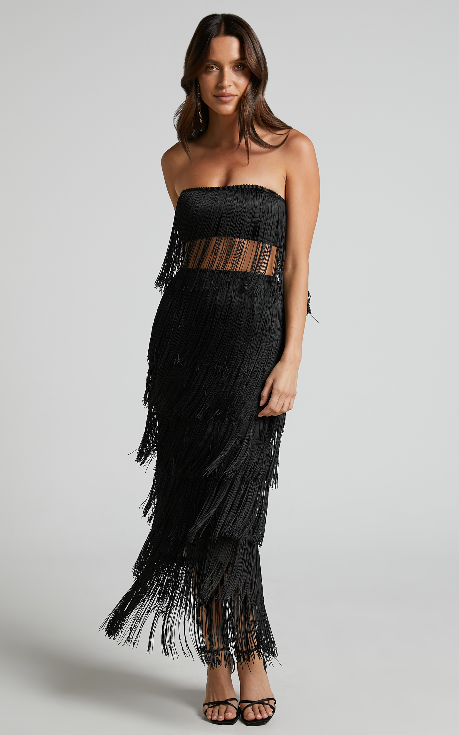 Amalee Fringe Strapless Crop Top and Midi Skirt Two Piece Set in Black ...