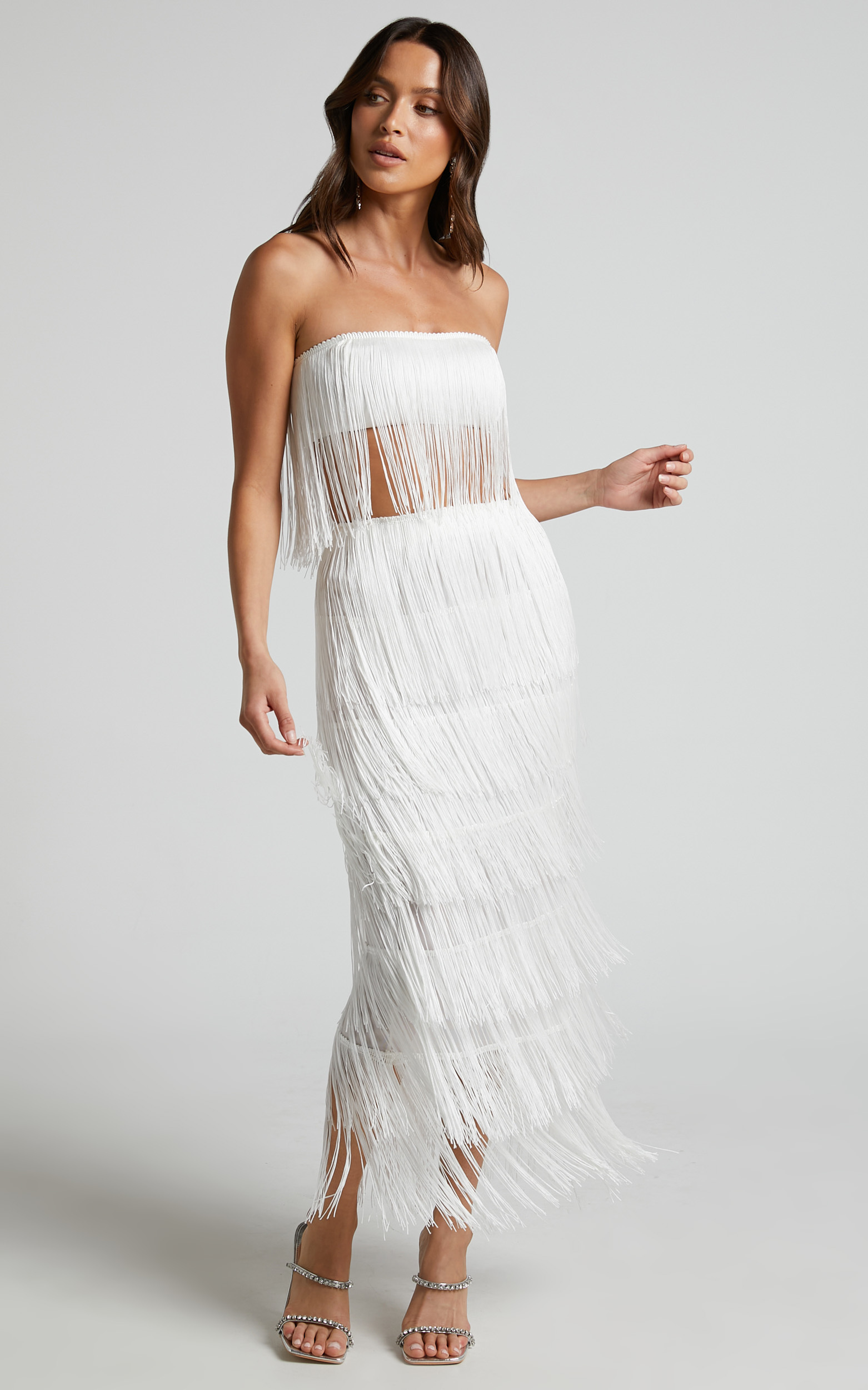 Amalee Fringe Strapless Crop Top and Midi Skirt Two Piece Set in White - 04, WHT2, hi-res image number null