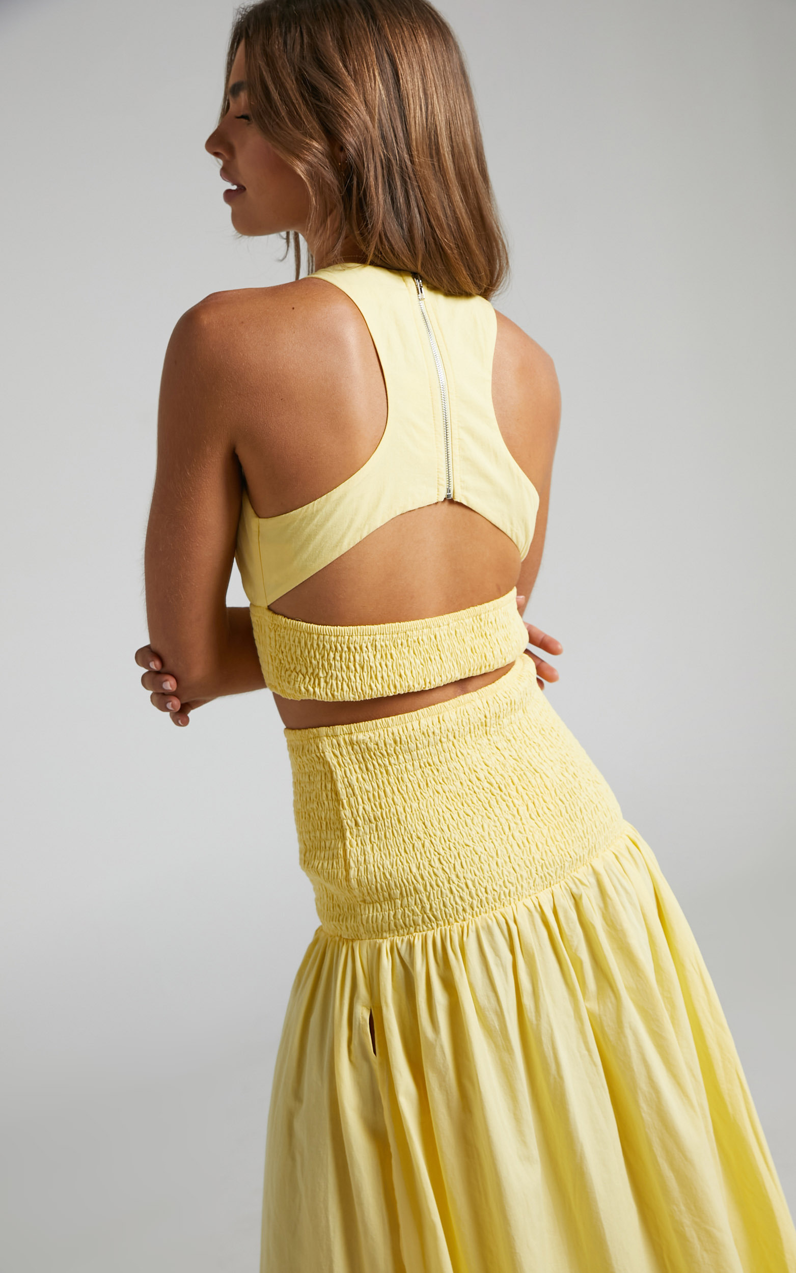 Gracelynn Cut Out Back Racer Top and Shirred Waist Maxi Skirt Two Piece Set in Pastel Yellow - 08, YEL1, hi-res image number null