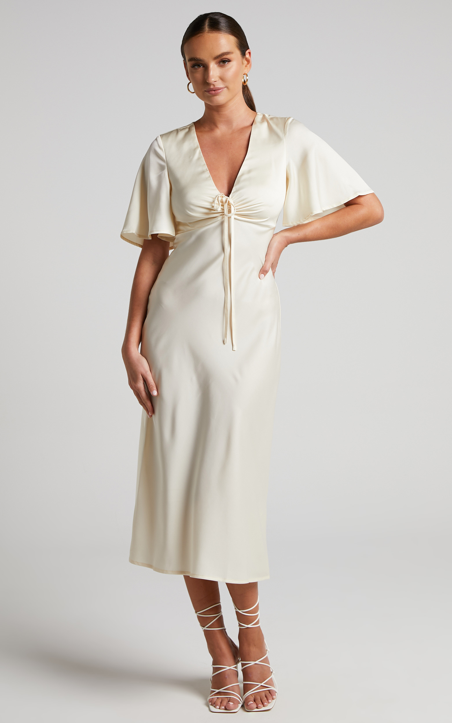 Nicholla Midi Dress - Ruched Front Angel Sleeve Slip Dress in Champagne - 04, NEU1, hi-res image number null