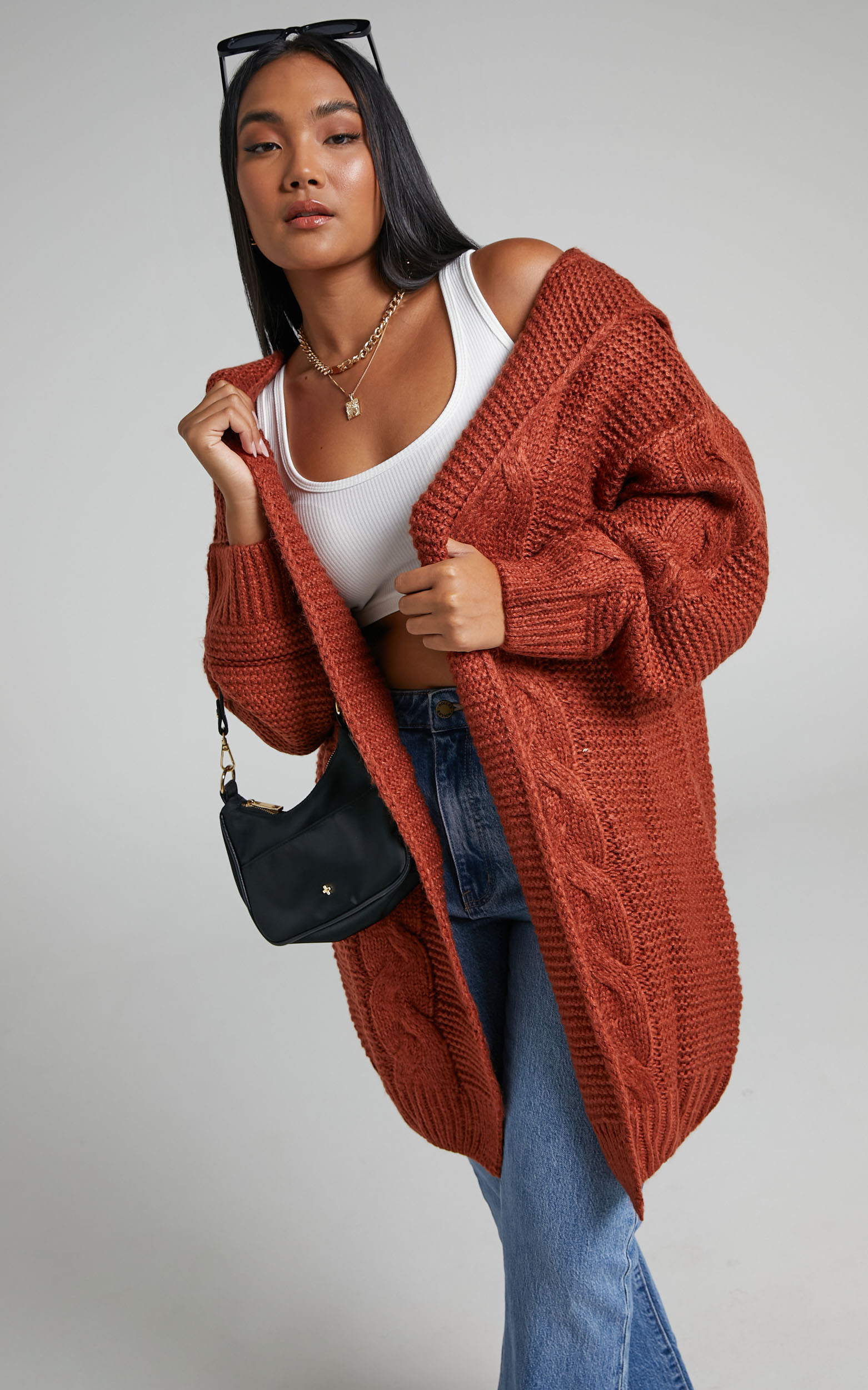 Gisella Chunky Cable Longline Knit Cardigan in Rust - 06, BRN1, hi-res image number null