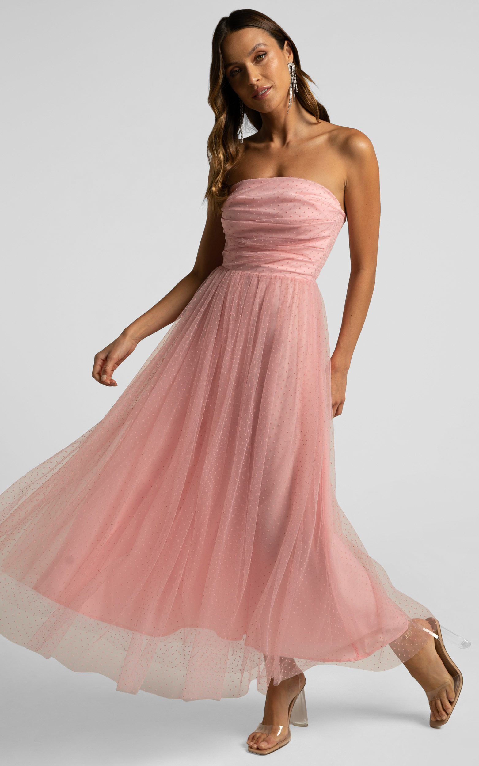 Jesslou Strapless Ruched Bodice Tulle Midi Dress in Pale Pink - 04, PNK1, hi-res image number null
