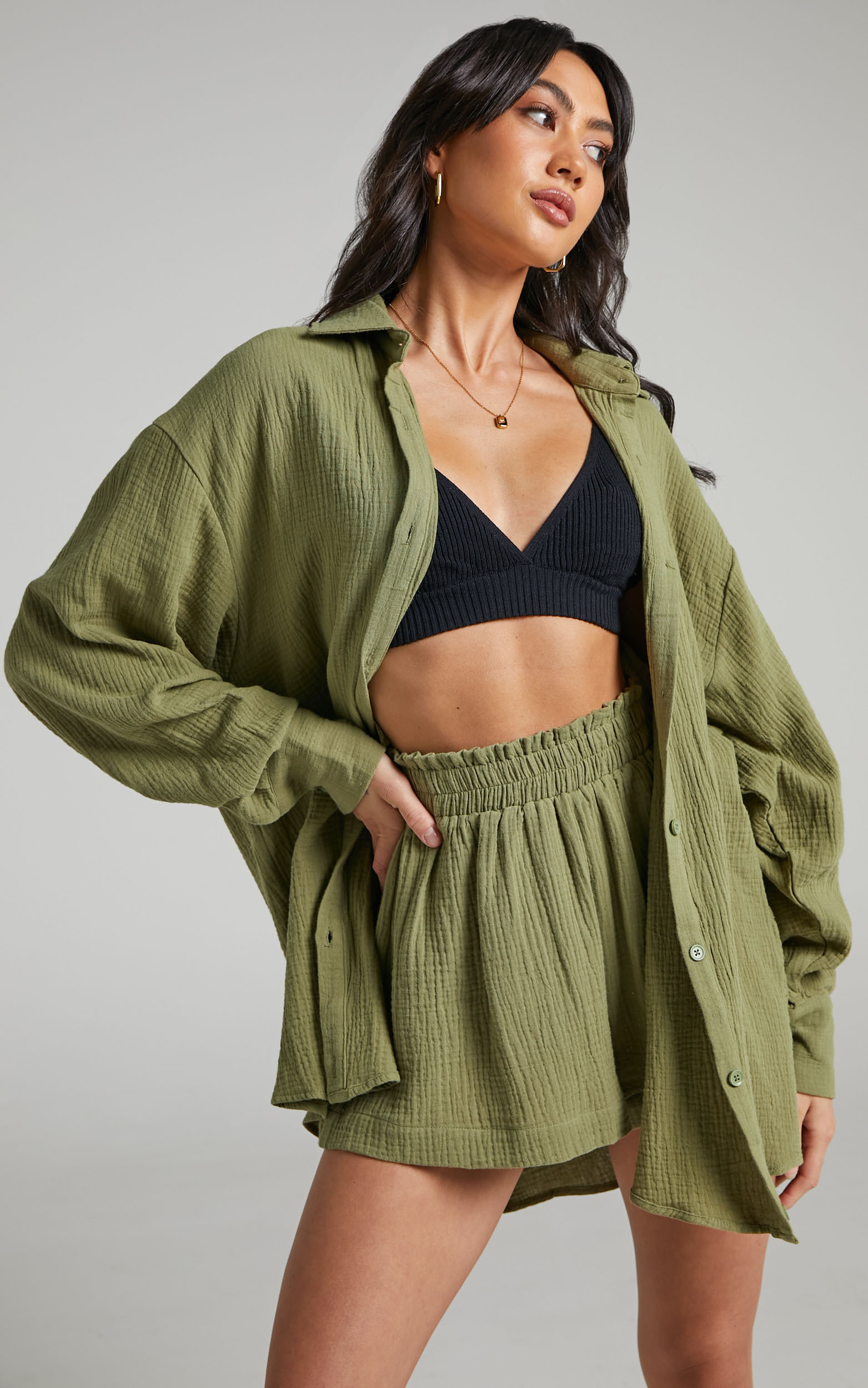 Yvaine Oversized Long Sleeve Button Up Shirt in Khaki - 06, GRN1, hi-res image number null