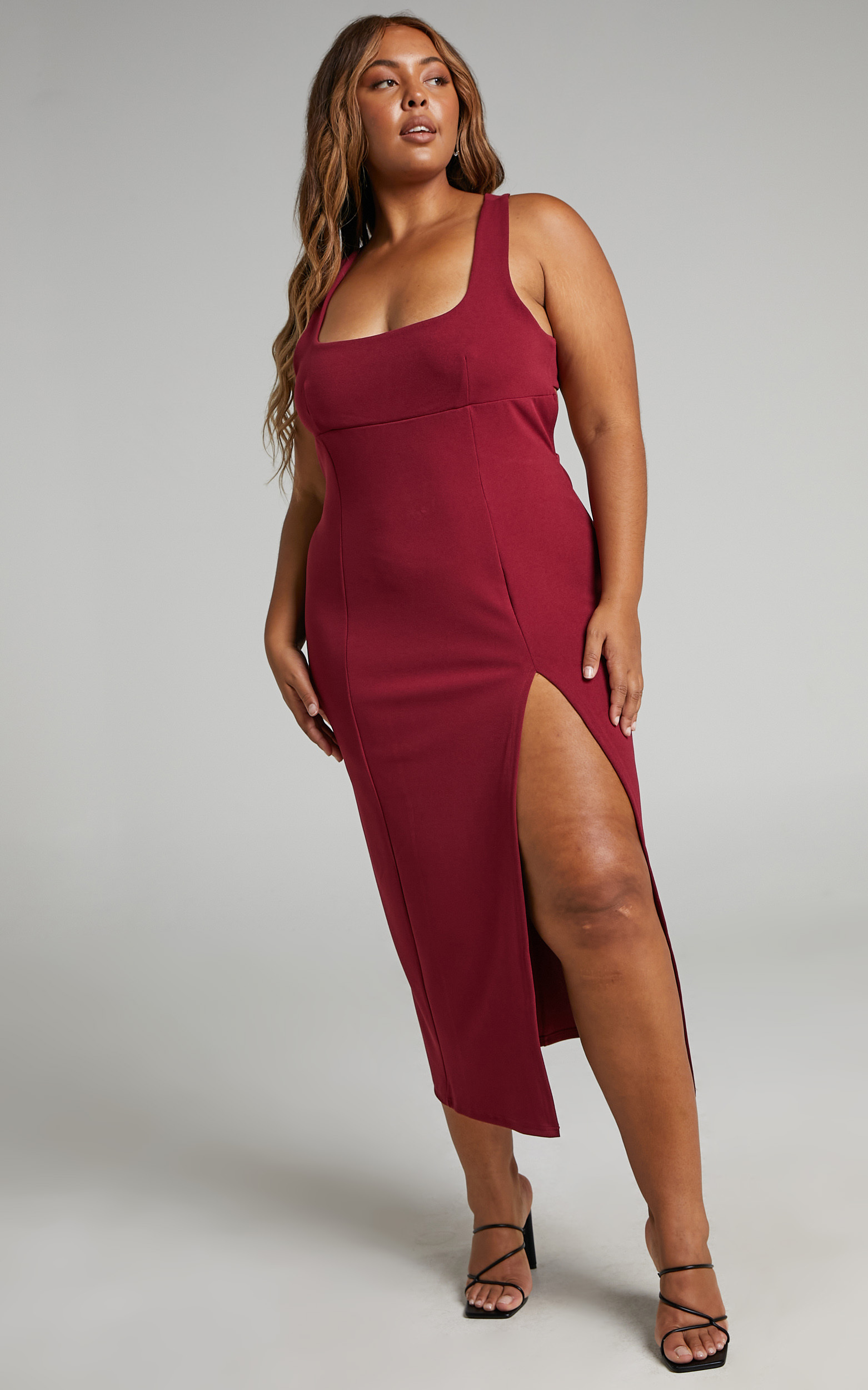 Iryna Cross Back Cut Out High Slit Midi Dress in Merlot - 06, WNE1, hi-res image number null