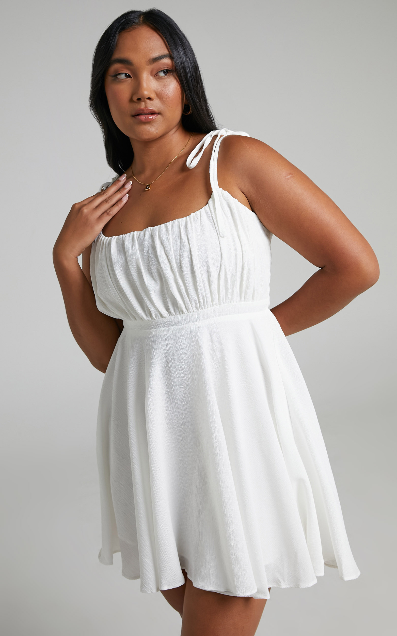 Aziah Mini Dress - Tie Shoulder Ruched Bodice Dress in White - 06, WHT1, hi-res image number null