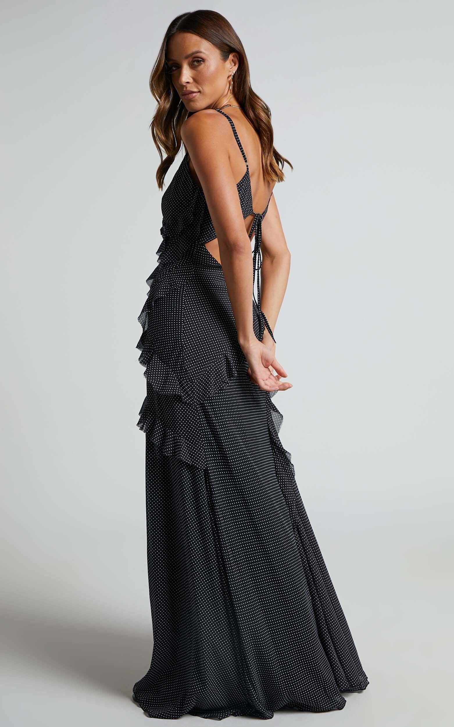 Nitha Asymmetrical Frill Thigh Slit Maxi Dress in Black Polka | Showpo
