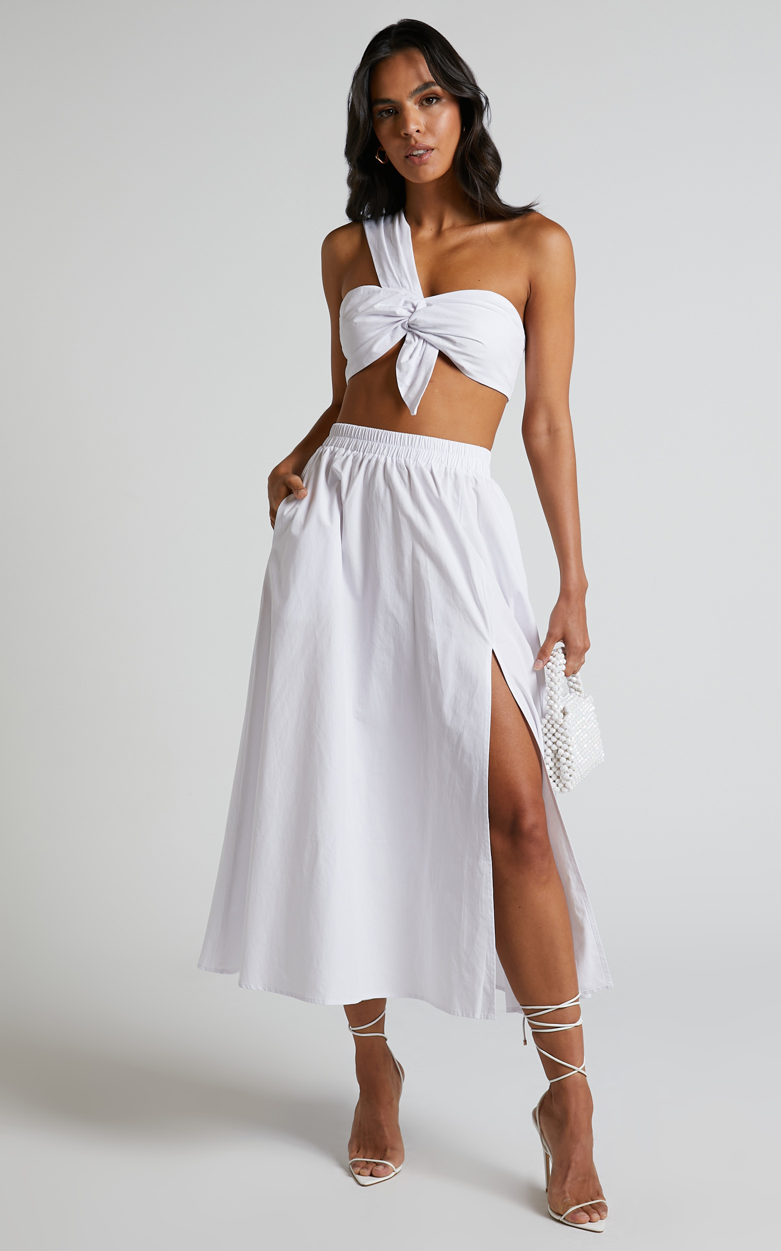 udgifterne øjenvipper Om indstilling Sula Two Piece Set - One Shoulder Bralette Crop Top and Midi Skirt in White  | Showpo USA
