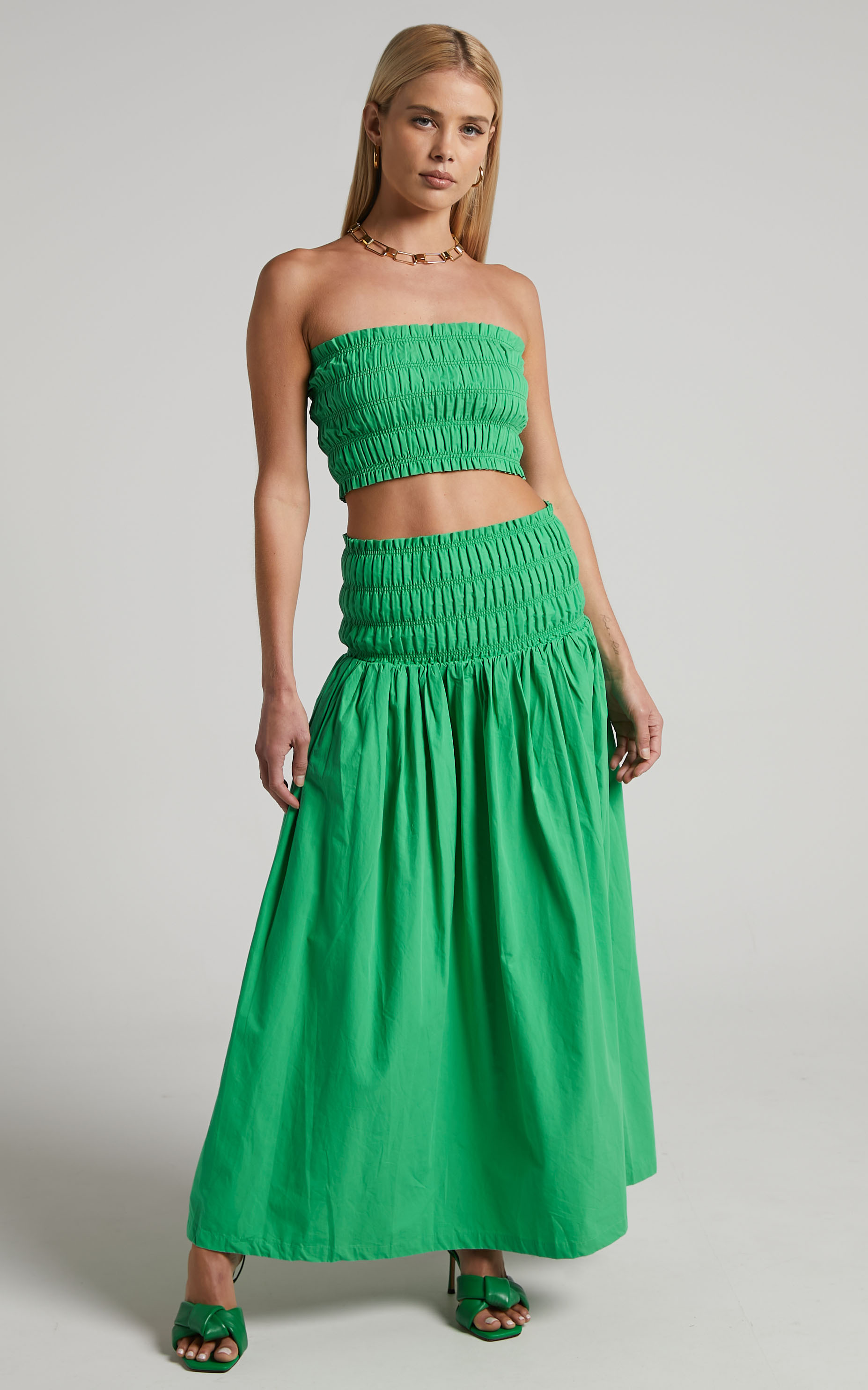 Haydie Two Piece Set - Shirred Bandeau Crop Top and Maxi Skirt in Green - 04, GRN1, hi-res image number null