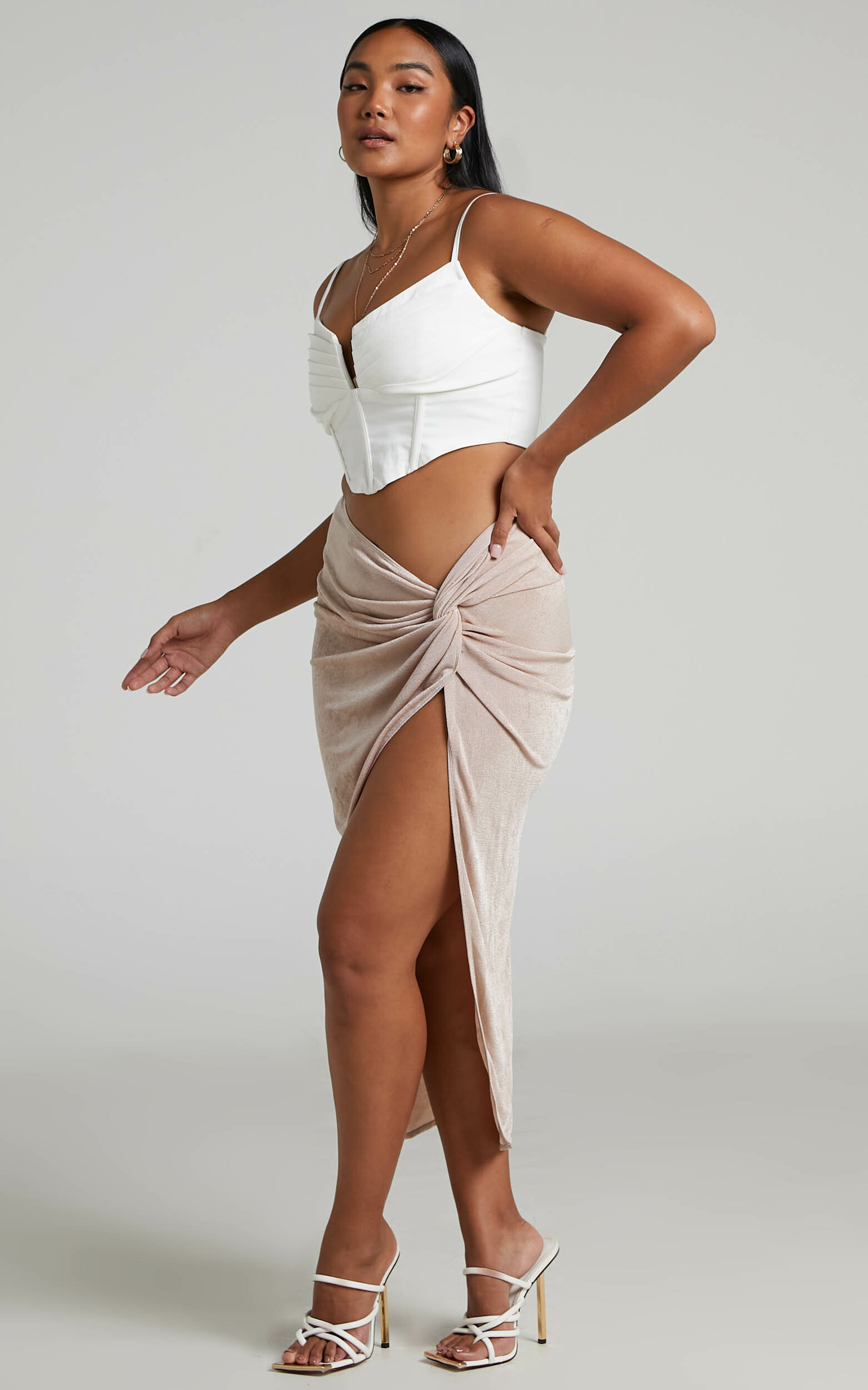 Kianni Knot Front Draped Midi Skirt in Sand - 06, BRN1, hi-res image number null