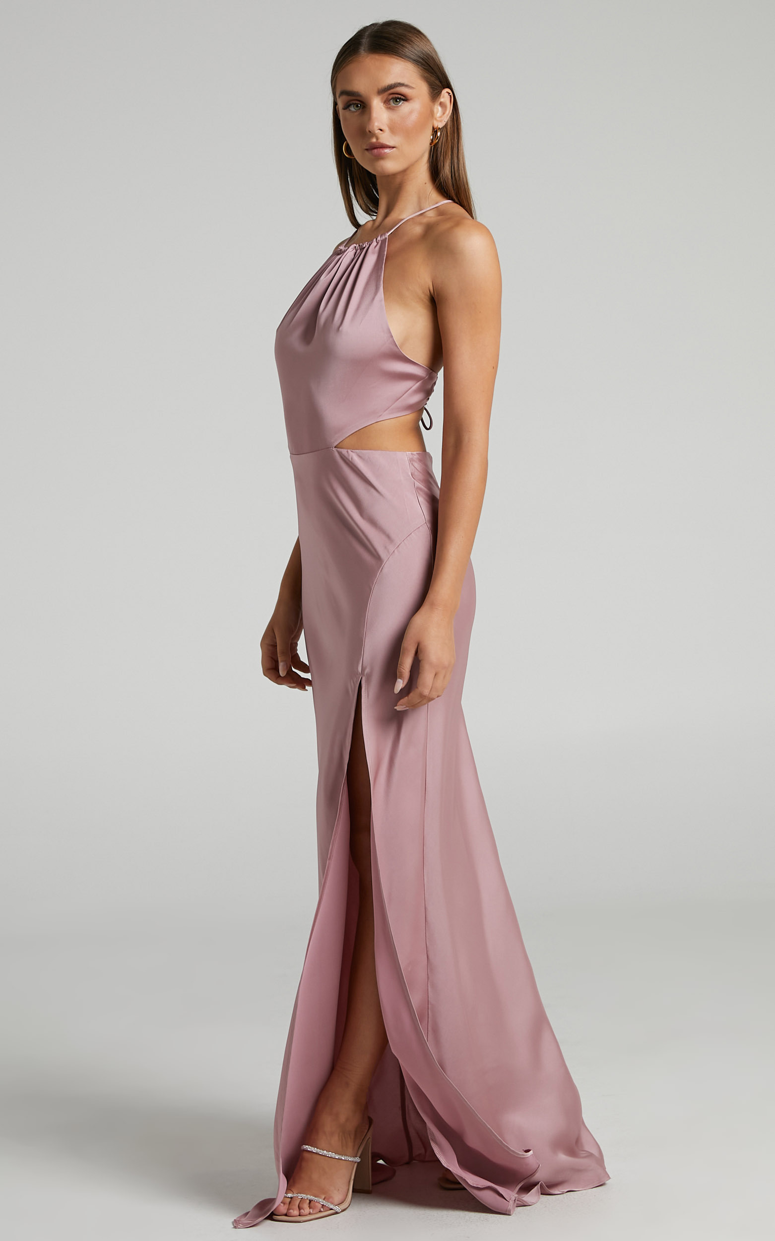 Azrael Maxi Dress - Thigh Split High Neck Tie Back Satin Dress in Blush - 04, PNK1, hi-res image number null