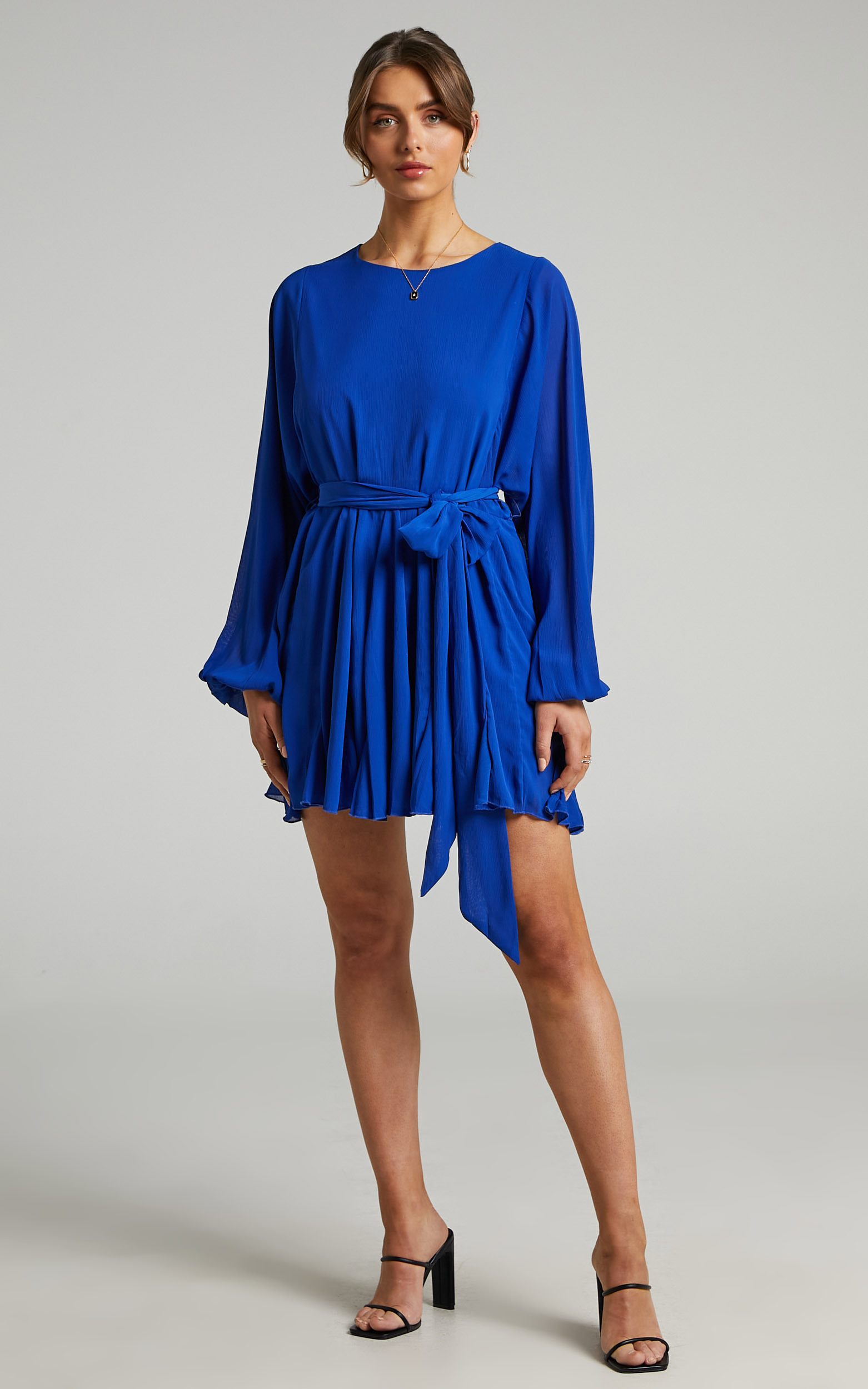 Henny Tie Front Longsleeve Mini Dress in Cobalt | Showpo USA