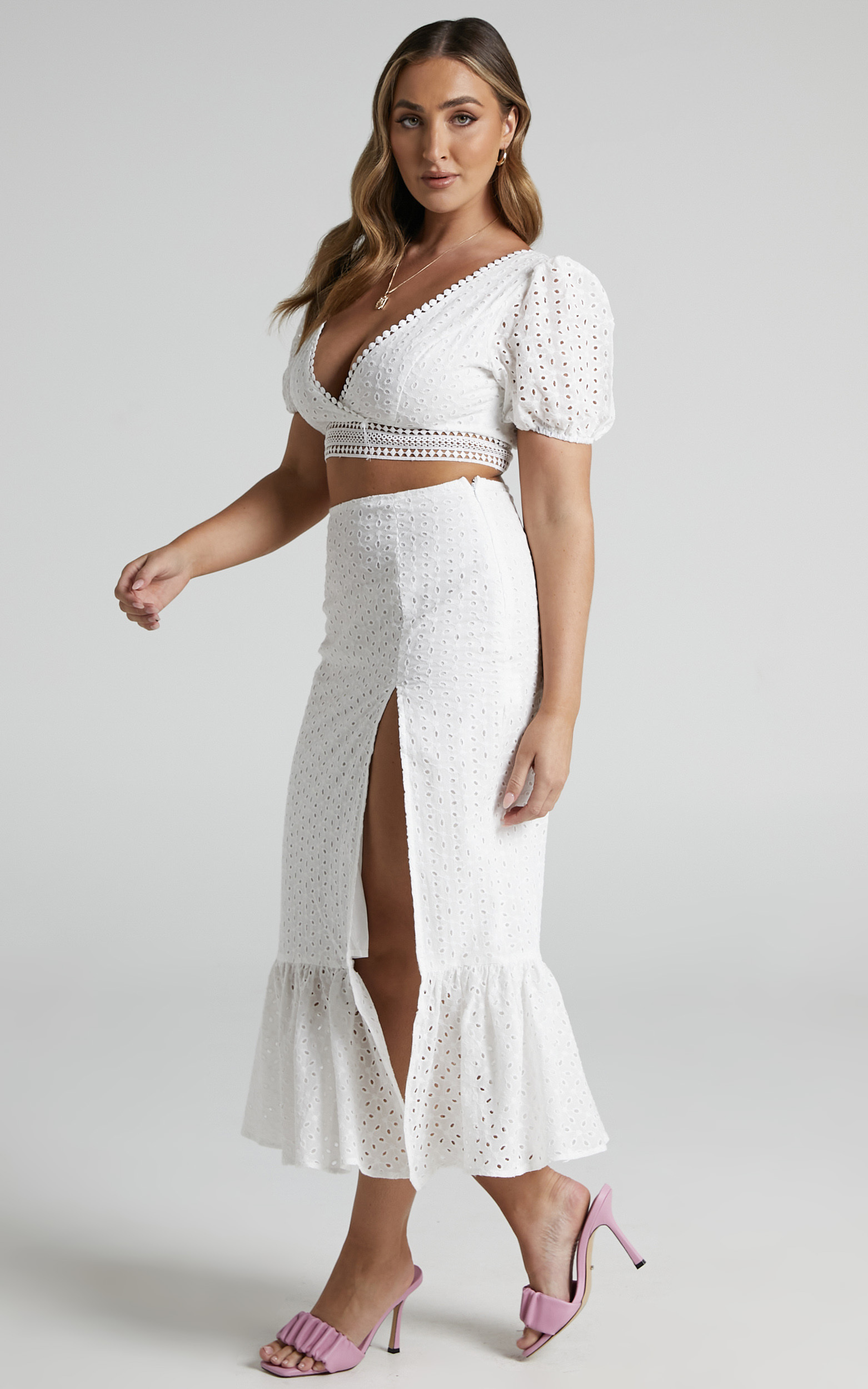 Danitza Broderie Open Back Puff Sleeve Crop Top and High Split Midi Skirt Two Piece Set in White - 06, WHT1, hi-res image number null