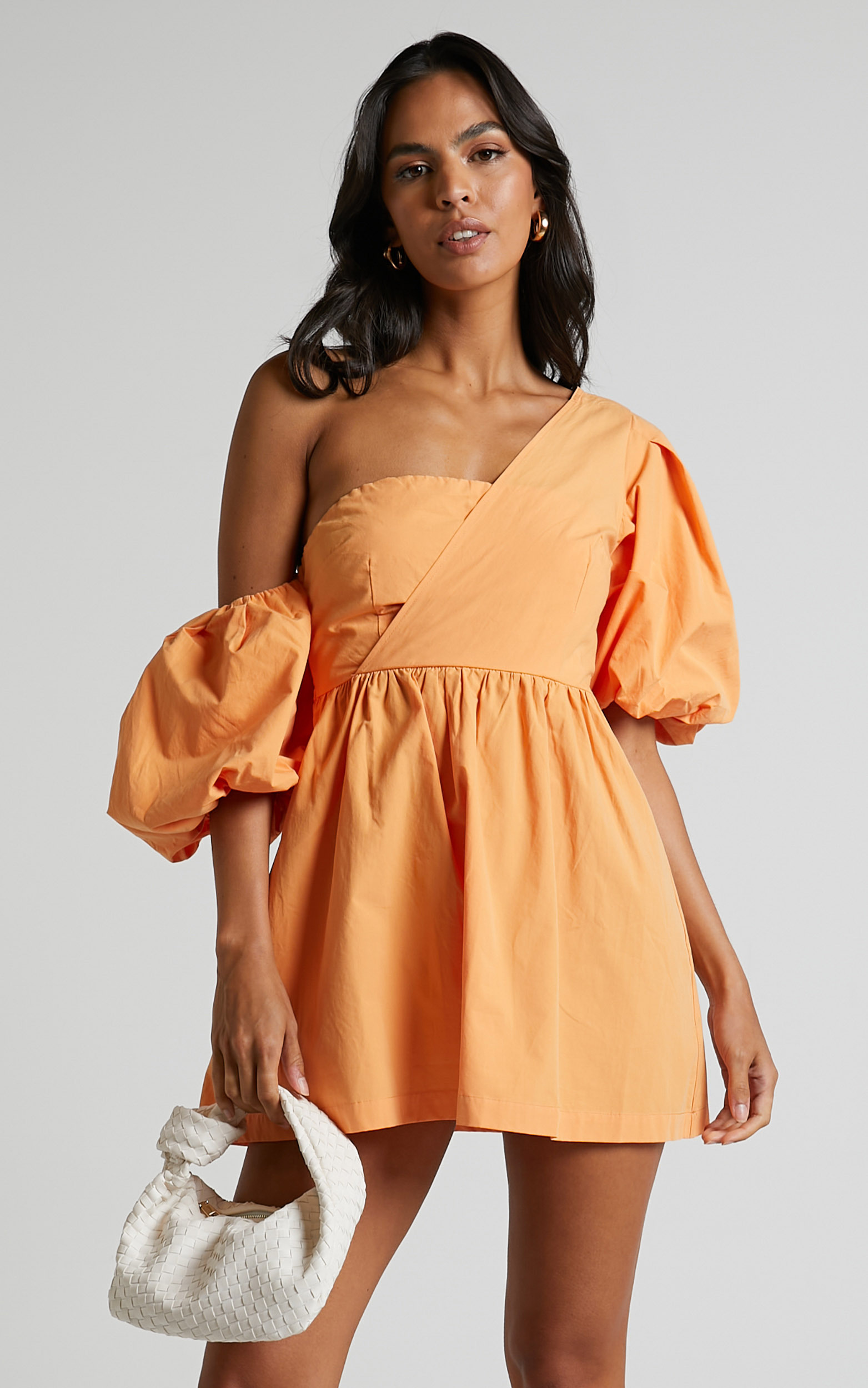 Sula Mini Dress - Asymmetric Off One Shoulder Puff Sleeve Dress in Sherbet Orange - 04, ORG1, hi-res image number null