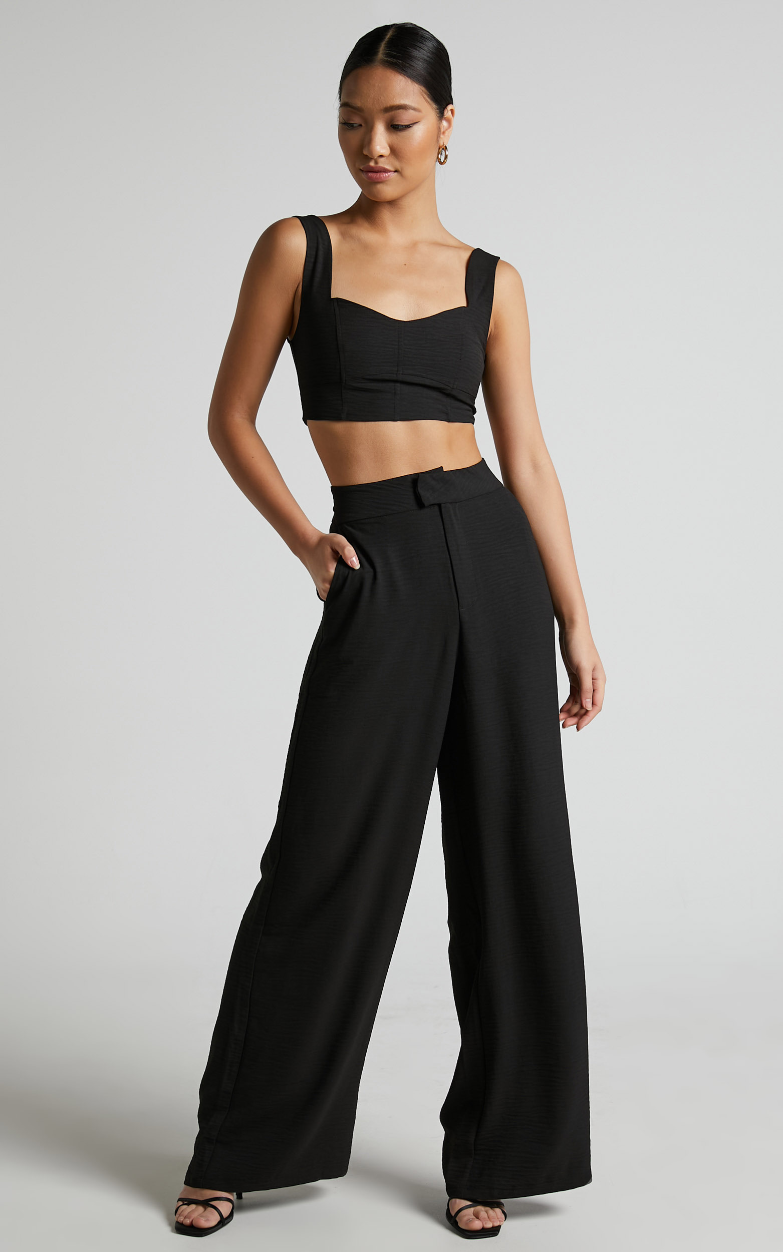 Loiuesa Two Piece Set - Crop Top and Wide Leg Pants in Black - 04, BLK1, hi-res image number null