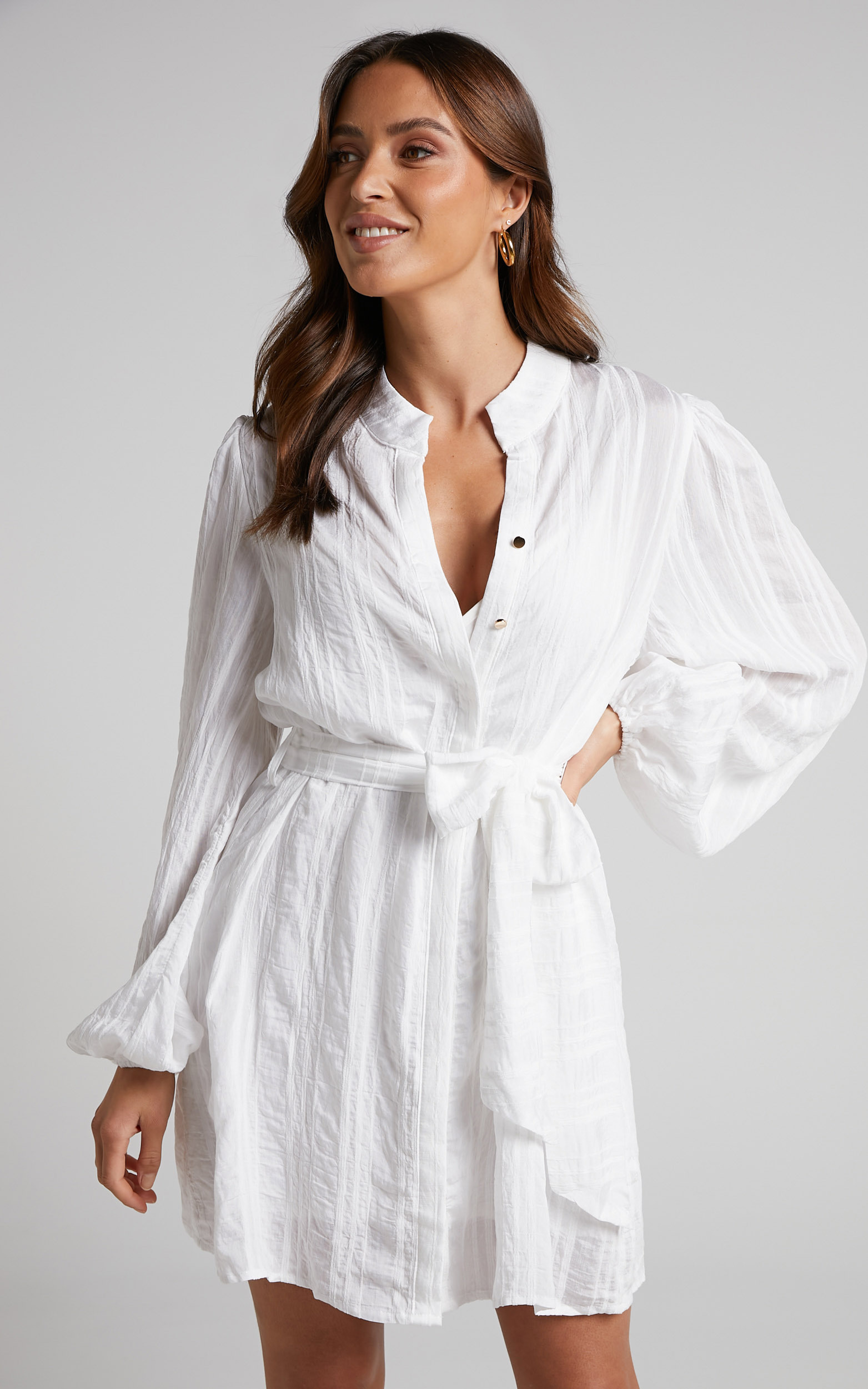 Maika Mini Dress - Button Up Balloon Sleeve Shirt Dress in White - 04, WHT1, hi-res image number null
