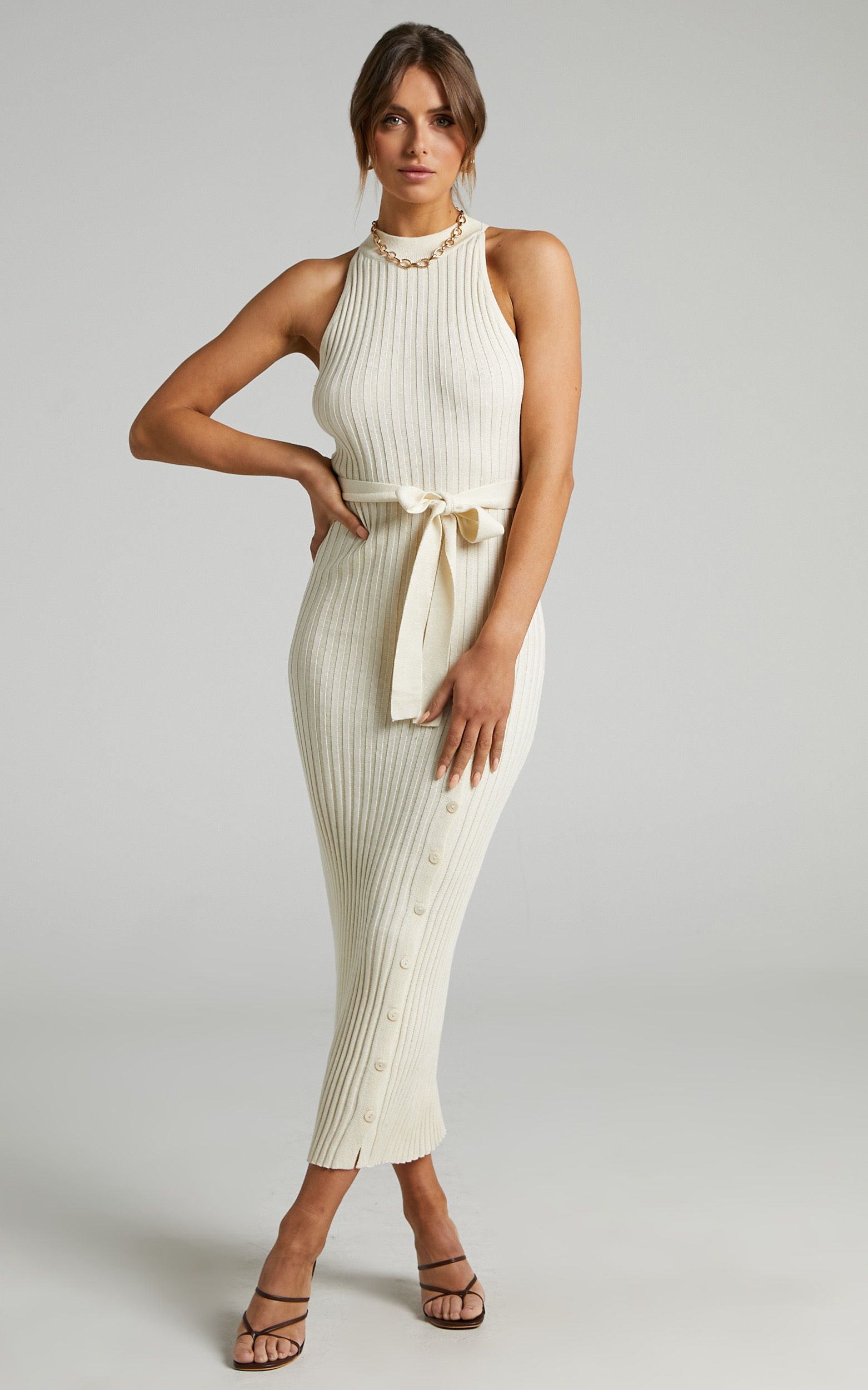 Verona High Neck Maxi Knit Dress with Button Up Split in Cream - 06, CRE2, hi-res image number null