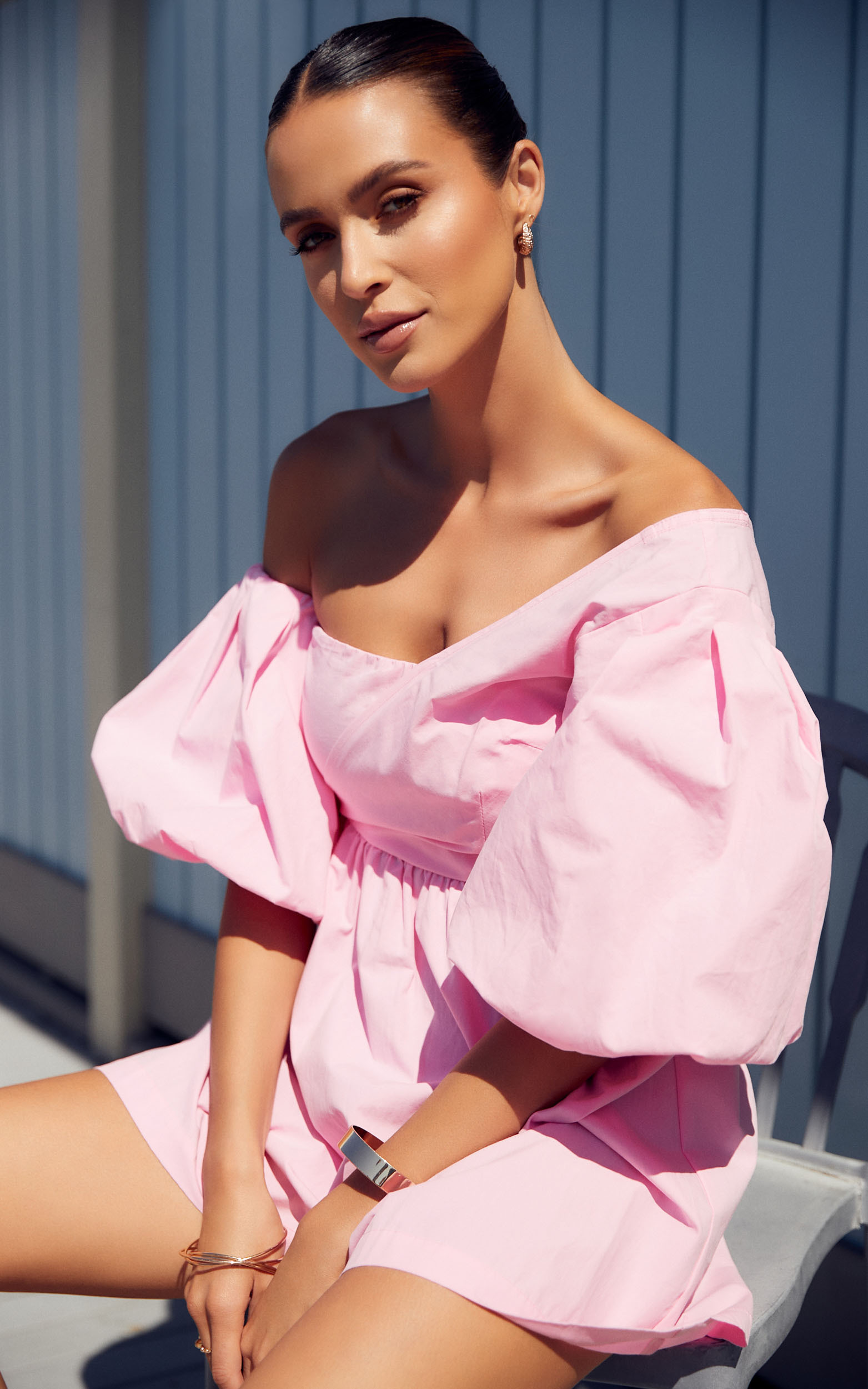 Sula Mini Dress - Asymmetric Off One Shoulder Puff Sleeve Dress in Pink - 06, PNK1, hi-res image number null
