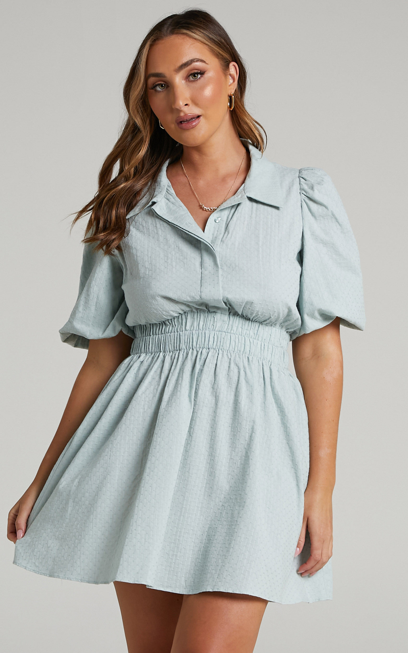 Triana Textured Collared Mini Dress in Sage - 06, GRN1, hi-res image number null