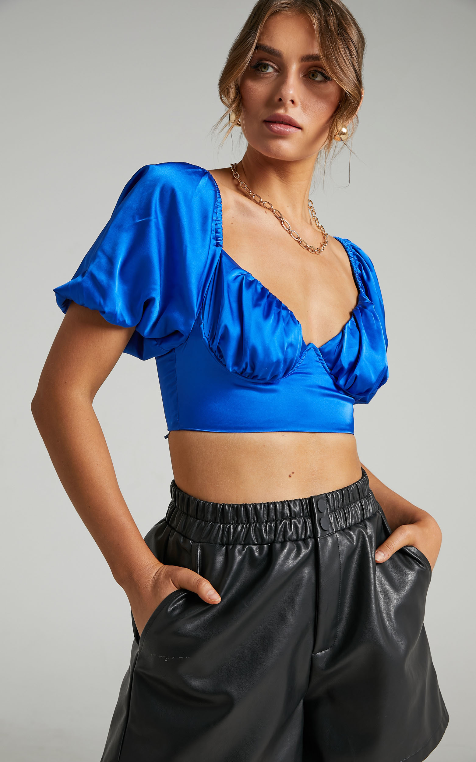 Joaquin Cropped Top with Underbust Wire and Puff Sleeves in Cobalt Satin - 06, BLU1, hi-res image number null