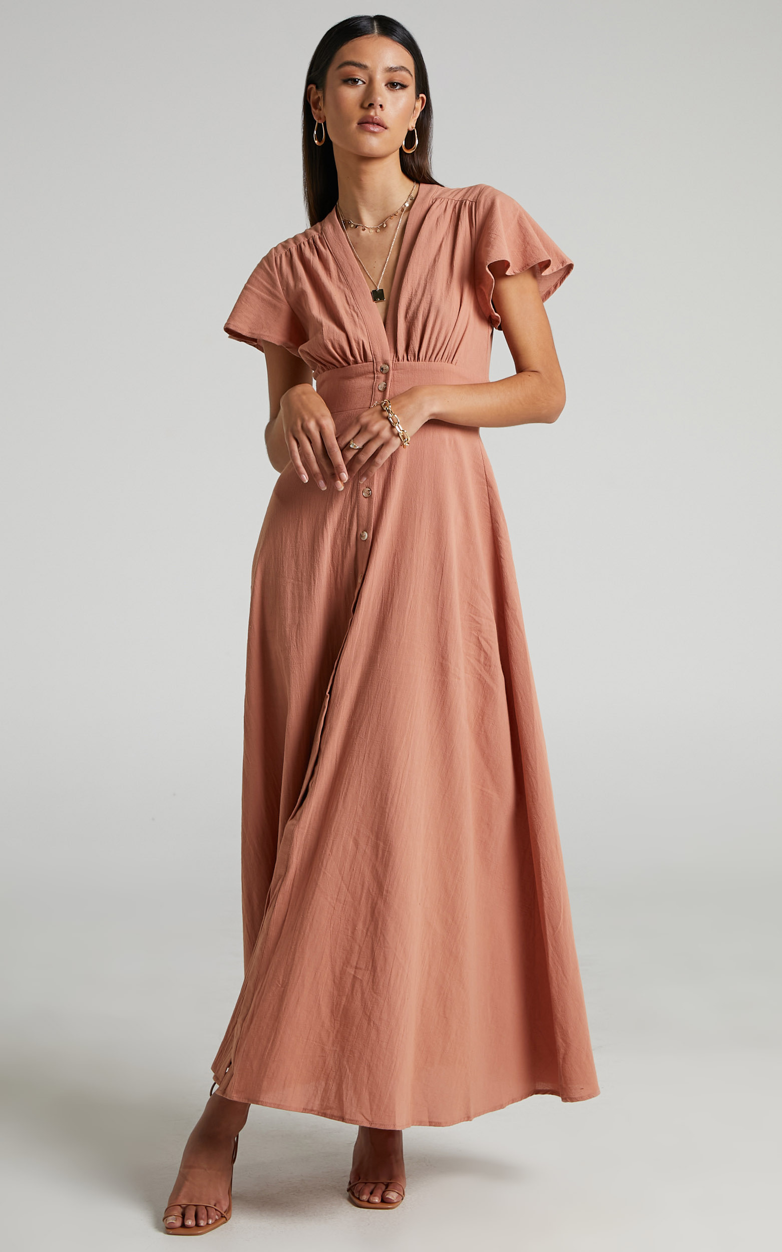 Elijah Empire Waist Button Down Maxi Dress in Rust - 06, BRN1, hi-res image number null