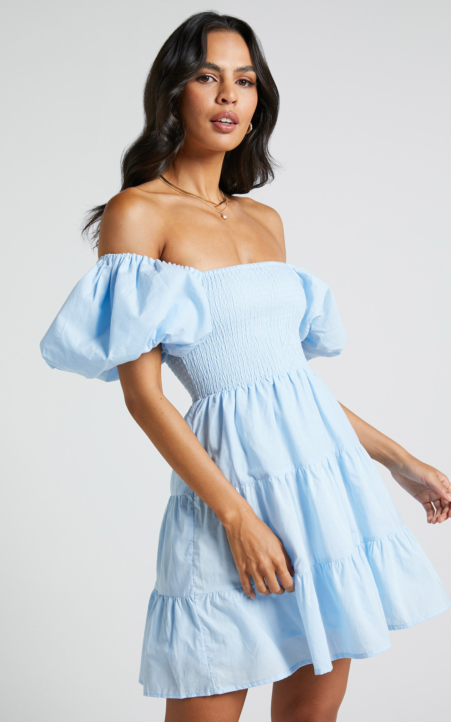 Emilia Mini Dress - Shirred Bodice Puff Sleeve Tiered Dress in Ice Blue - 06, BLU1, hi-res image number null