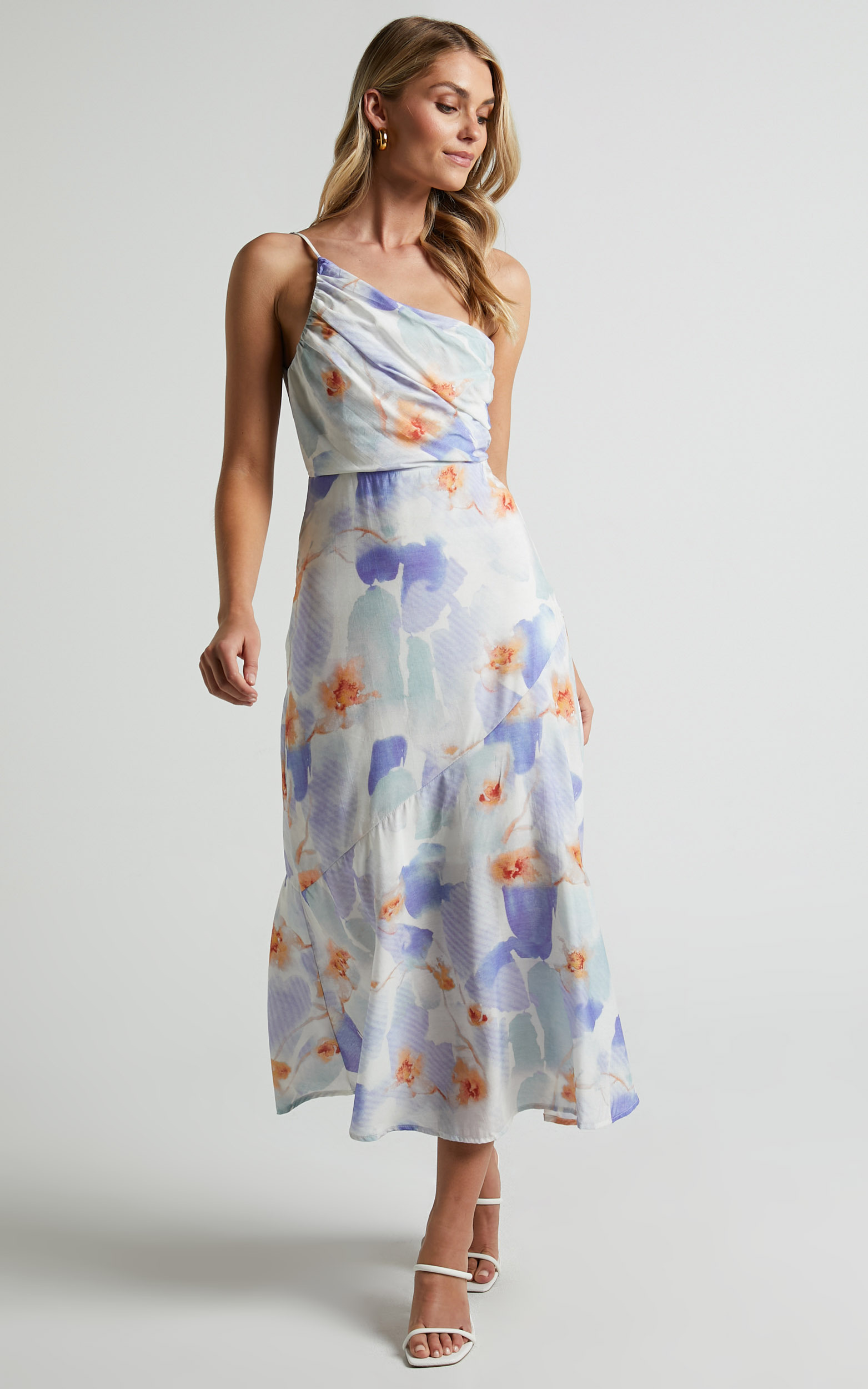 Alyssia Midi Dress - One Shoulder Ruched Satin Dress in Blue Floral - 06, BLU1, hi-res image number null
