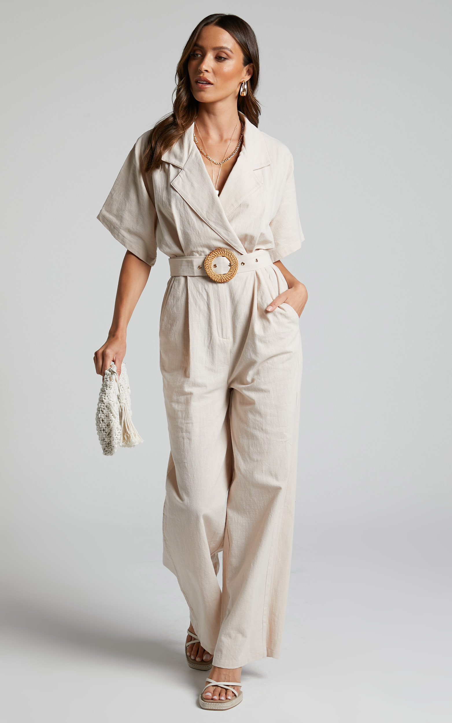Paco Jumpsuit - Short Sleeve Collared Belted Wide Leg Jumpsuit in Biscuit - 06, BRN1, hi-res image number null
