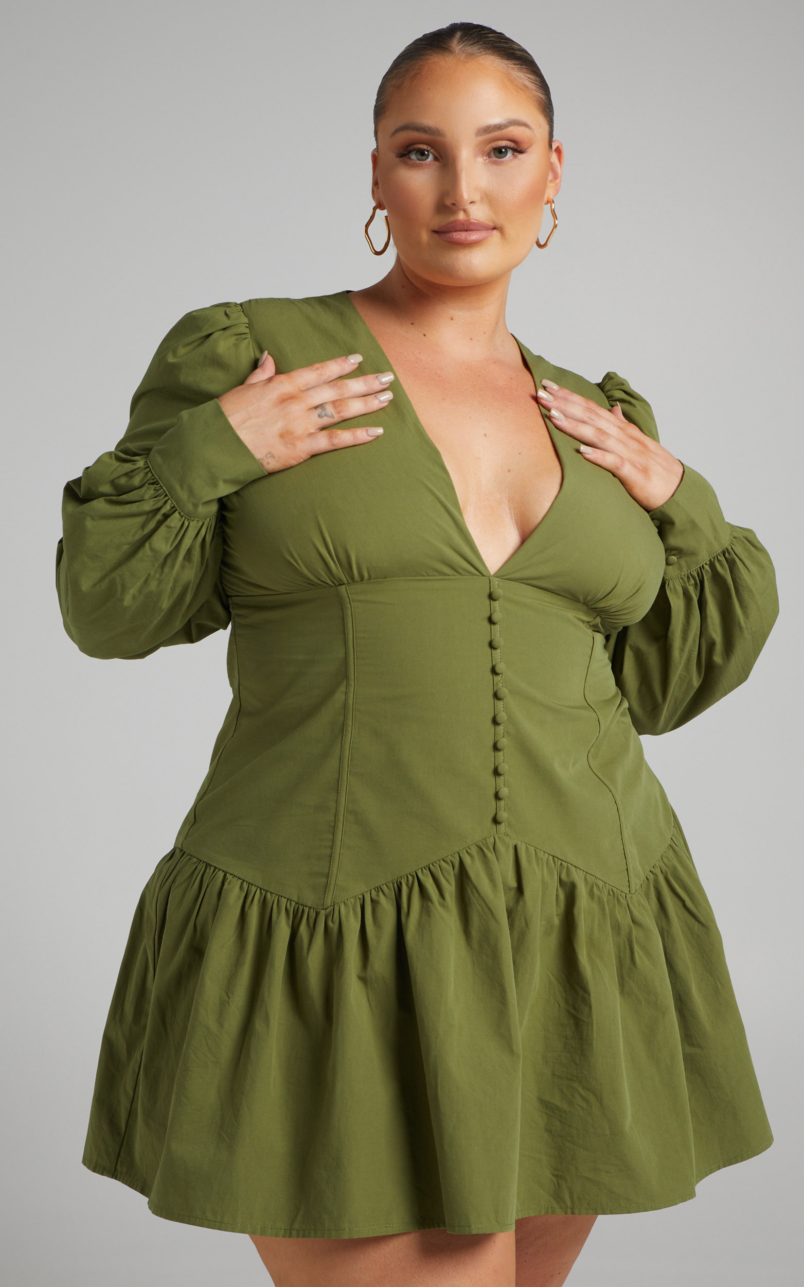 Carlyle Long Sleeve Mini Dress with Corset Detailing in Khaki - 04, GRN3, hi-res image number null