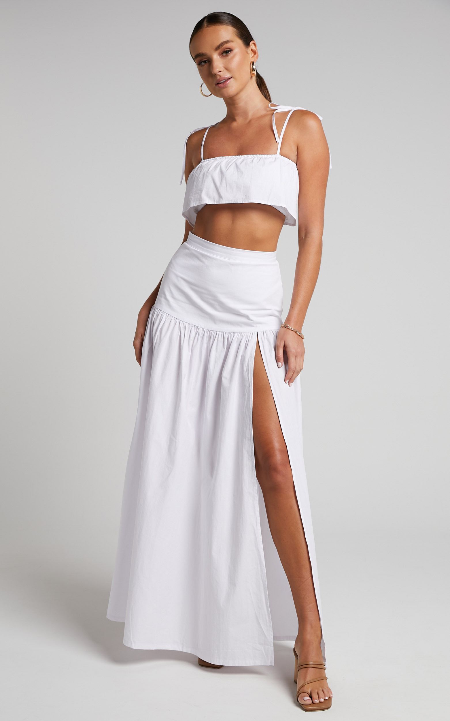 Ivanna Two Piece Set - Tie Shoulder Crop Top and Drop Waist Maxi Skirt in White - 04, WHT1, hi-res image number null
