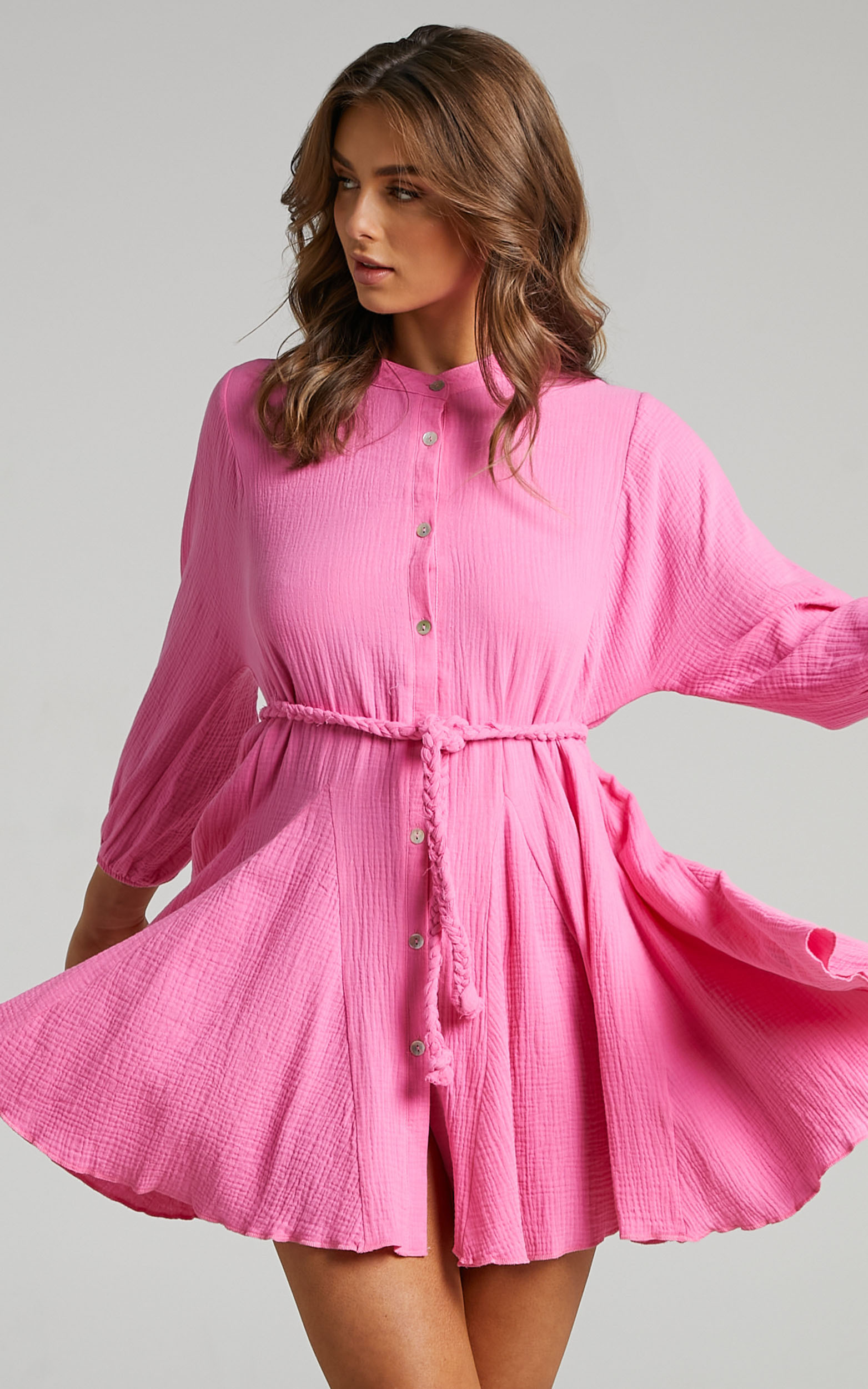 Raphaelle Long Sleeve Button Up Mini Dress in Pink - 04, PNK1, hi-res image number null