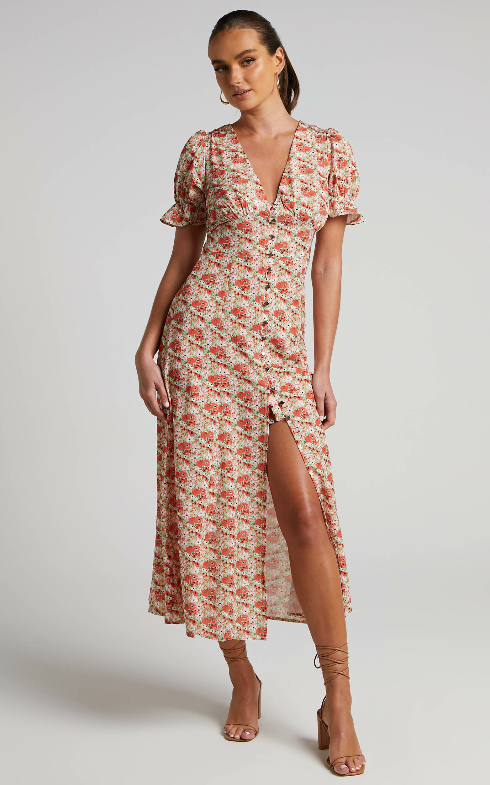 Adalina Maxi Dress - Short Puff Sleeve Button Down Dress in Pink Floral - 04, PNK1, hi-res image number null