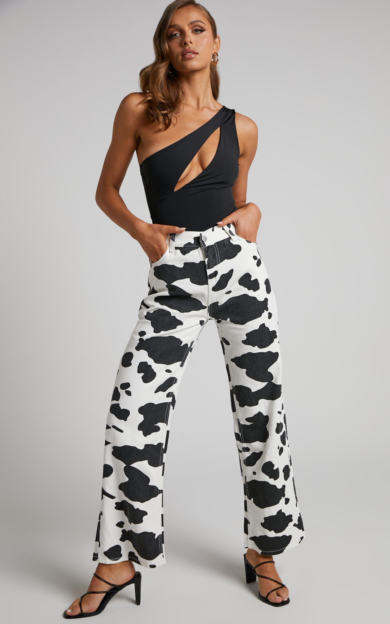 Trianky Pants - Cow Print High Waist Straight Leg Pants in Black/White - L, BLK1, hi-res image number null