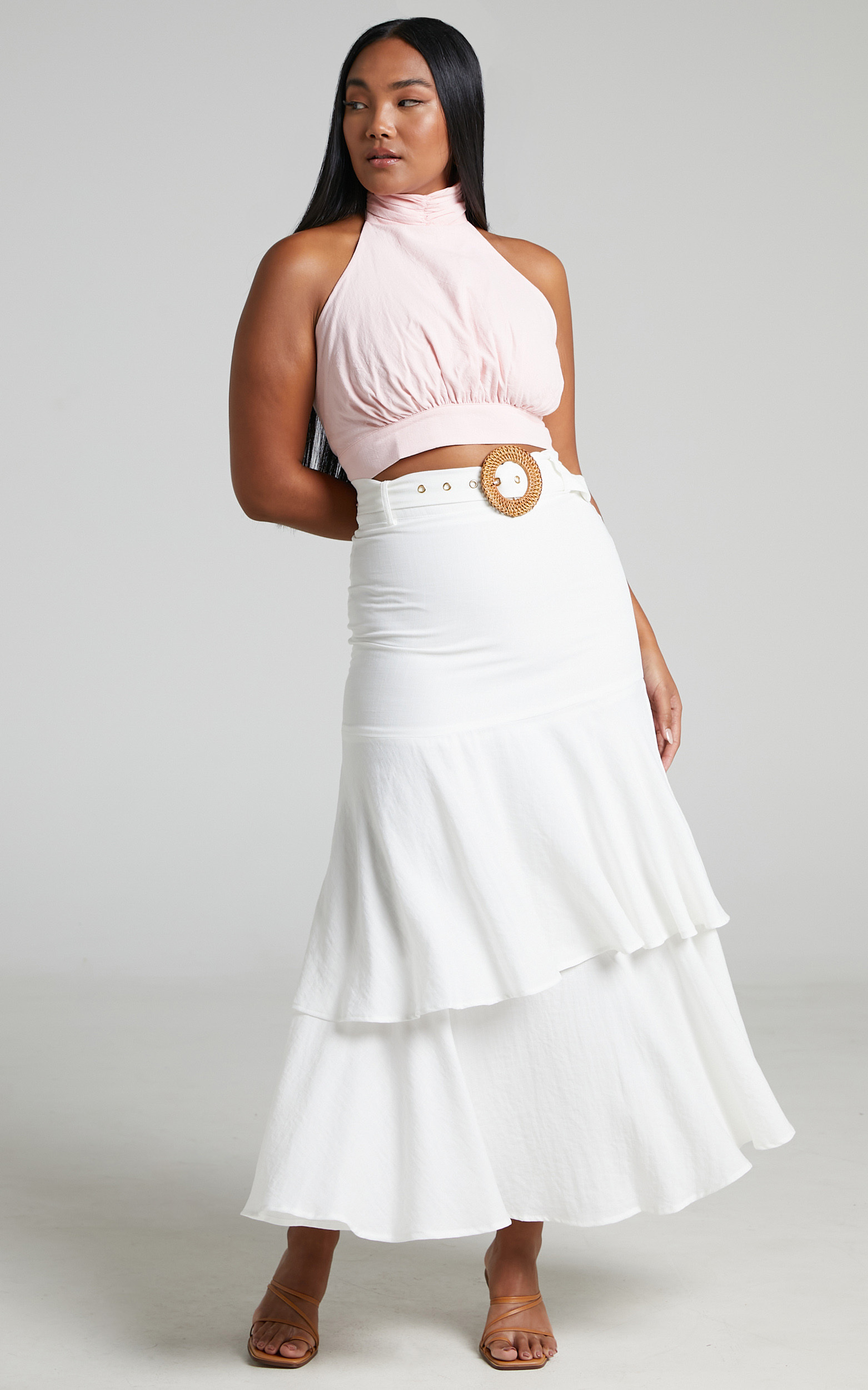 Sanya Belted Tiered Frill Hem Maxi Skirt in White - 16, WHT1, hi-res image number null