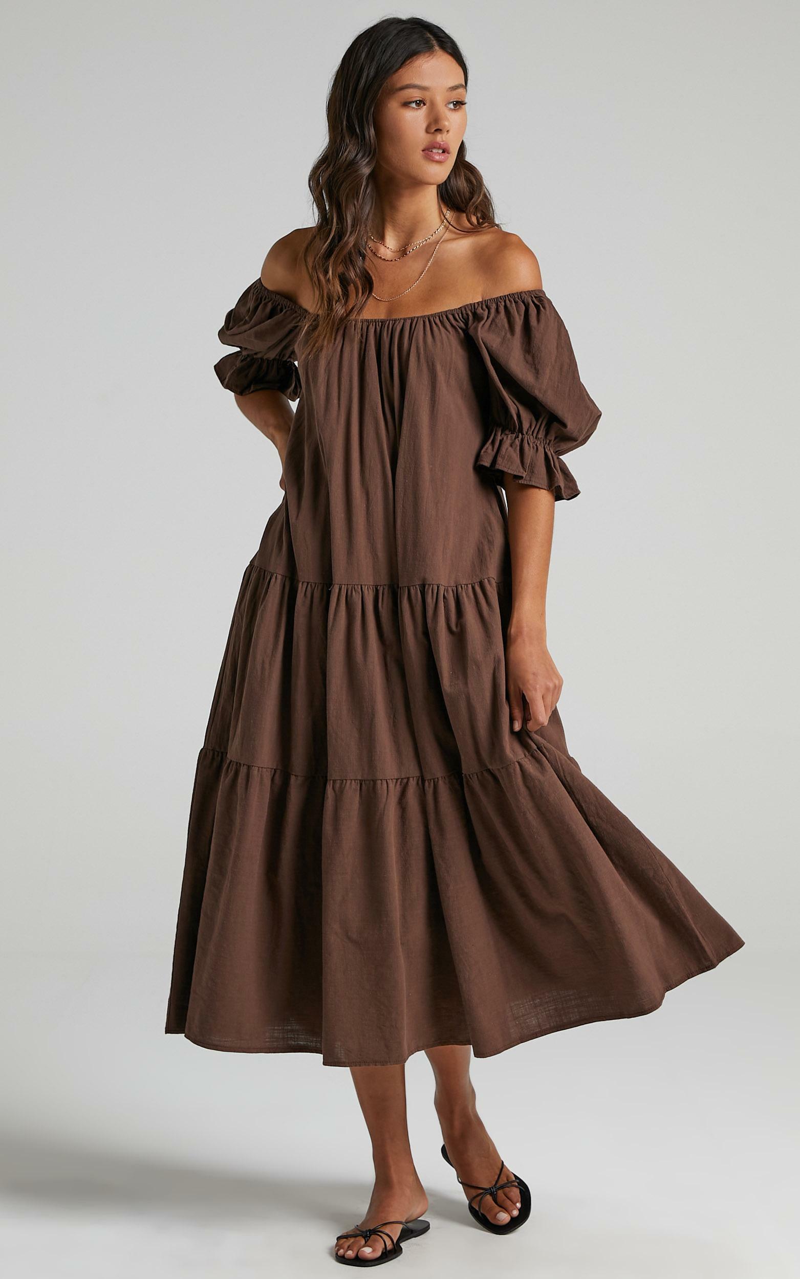 Zaharrah Tiered Midi Dress in Chocolate Linen Look - 06, BRN3, hi-res image number null