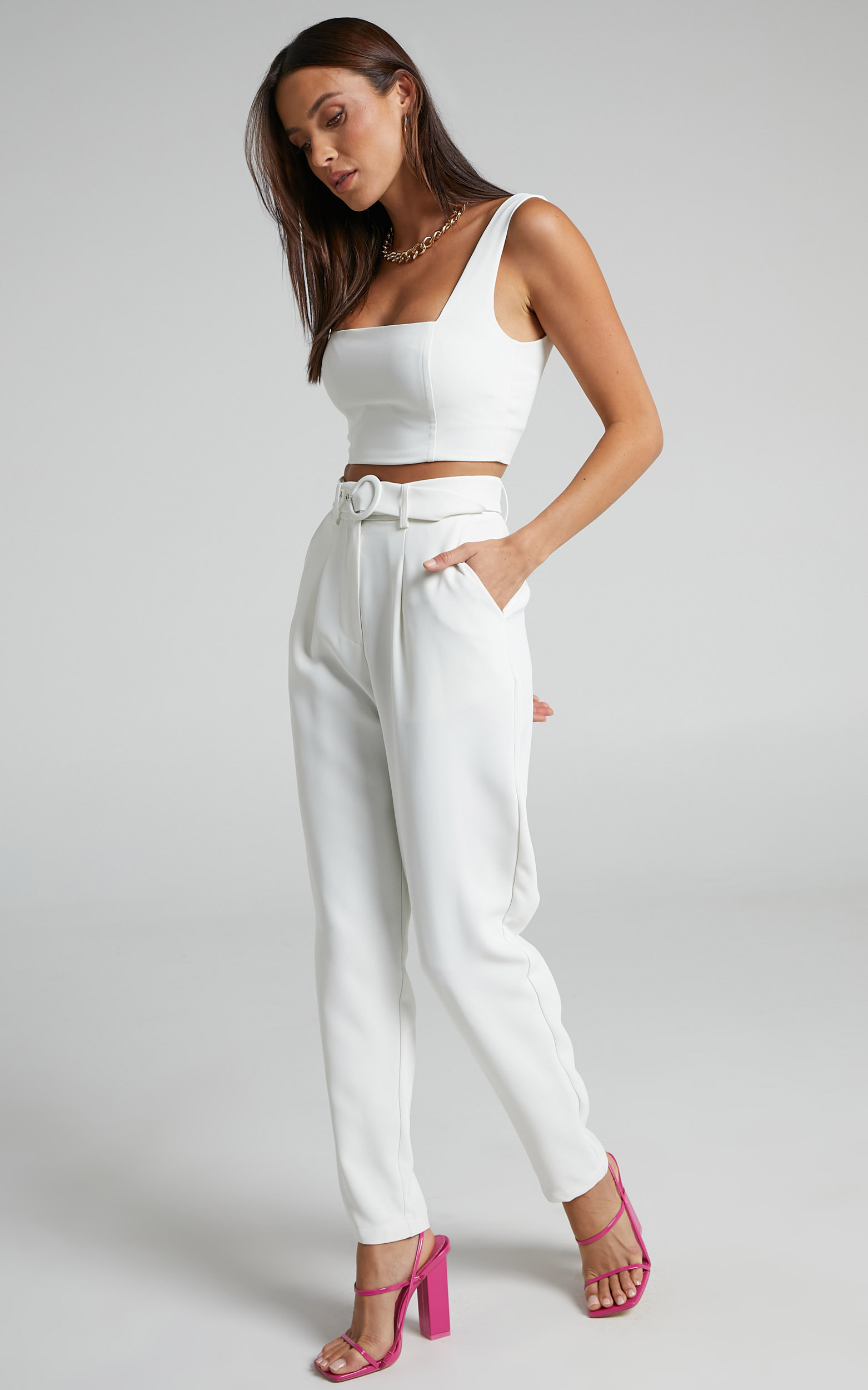Reyna Two Piece Set - Crop Top and Tailored Pants in White - 04, WHT1, hi-res image number null