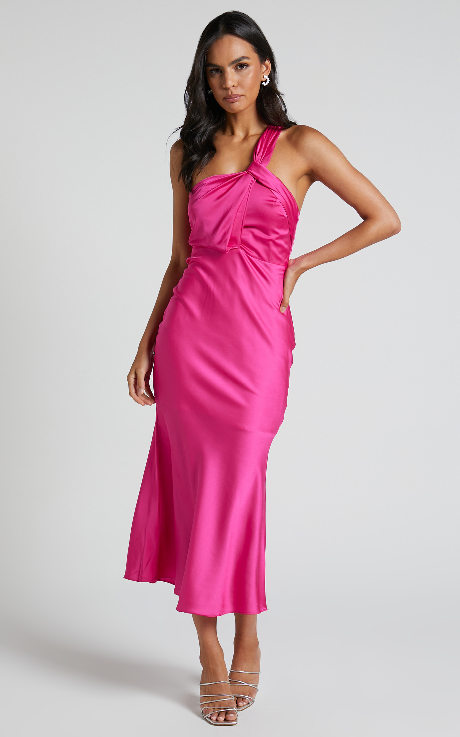 Carmella Midi Dress - One Shoulder Twist Detail Dress in Fuchsia ...