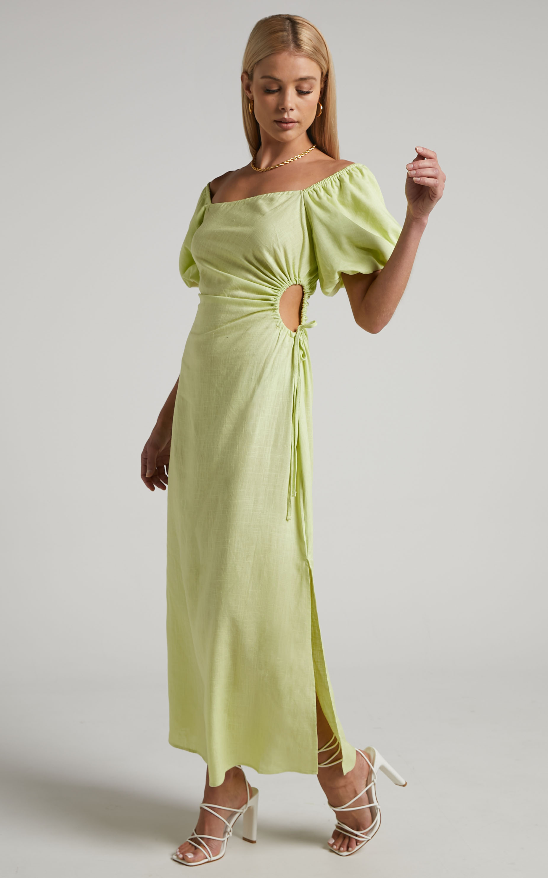 Ebony Maxi Dress - Side Cut Out Square Neck Puff Sleeve Dress in Citrus - 06, YEL1, hi-res image number null