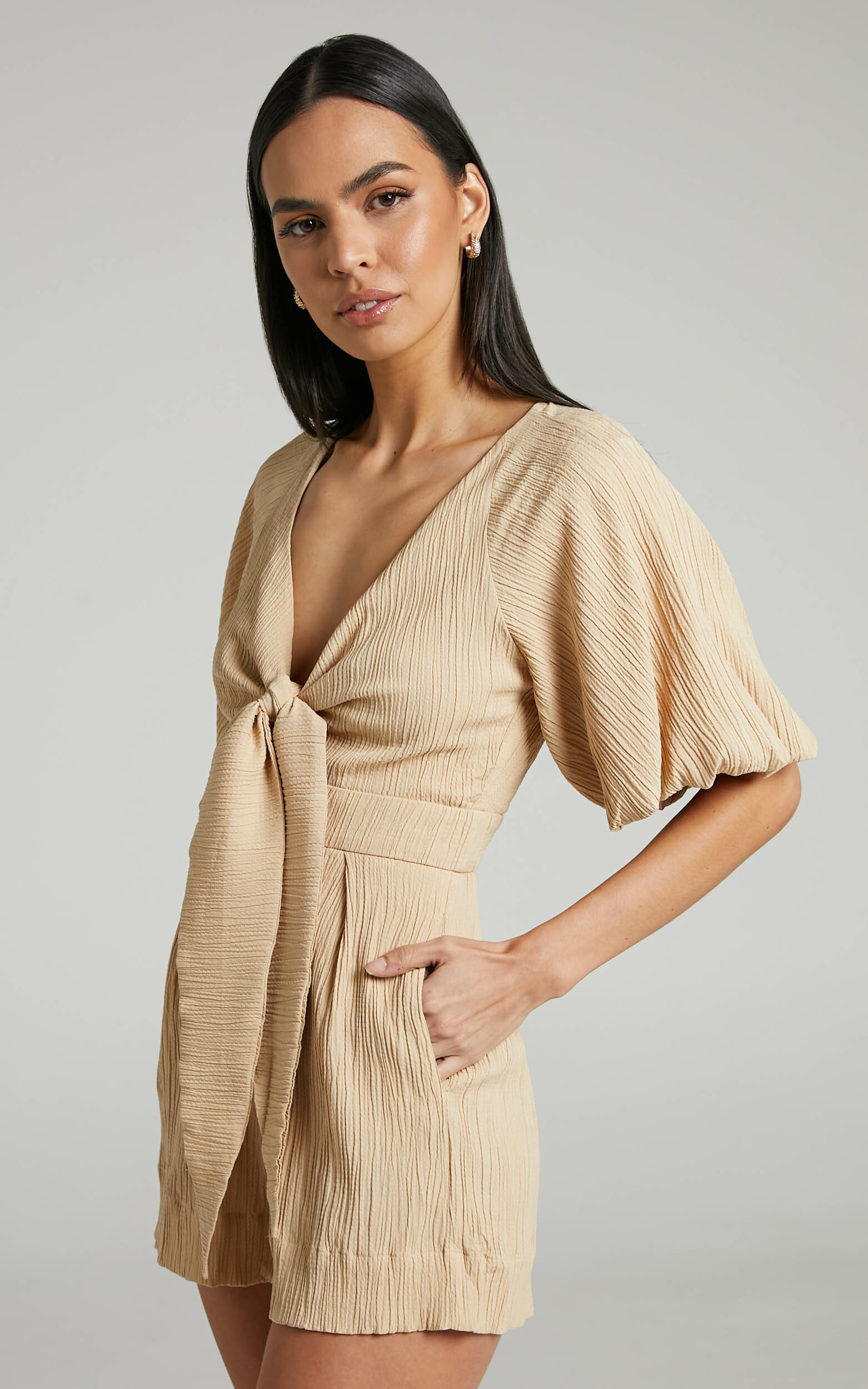 Celestia Plunge Tie Front Puff Sleeve Playsuit in Sand - 04, BRN1, hi-res image number null