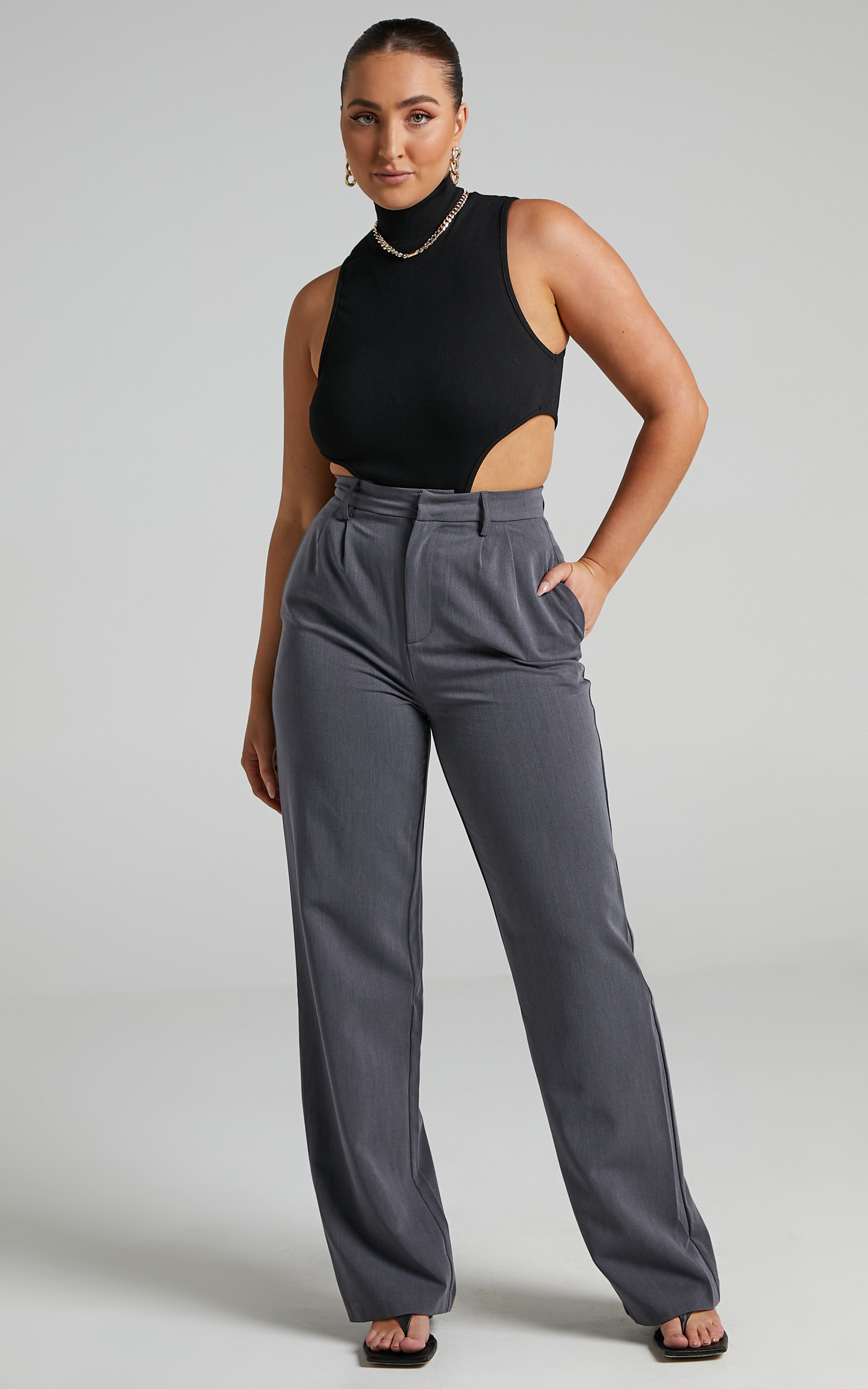 Lorcan Pants - High Waisted Tailored Pants in Charcoal - 04, GRY2, hi-res image number null