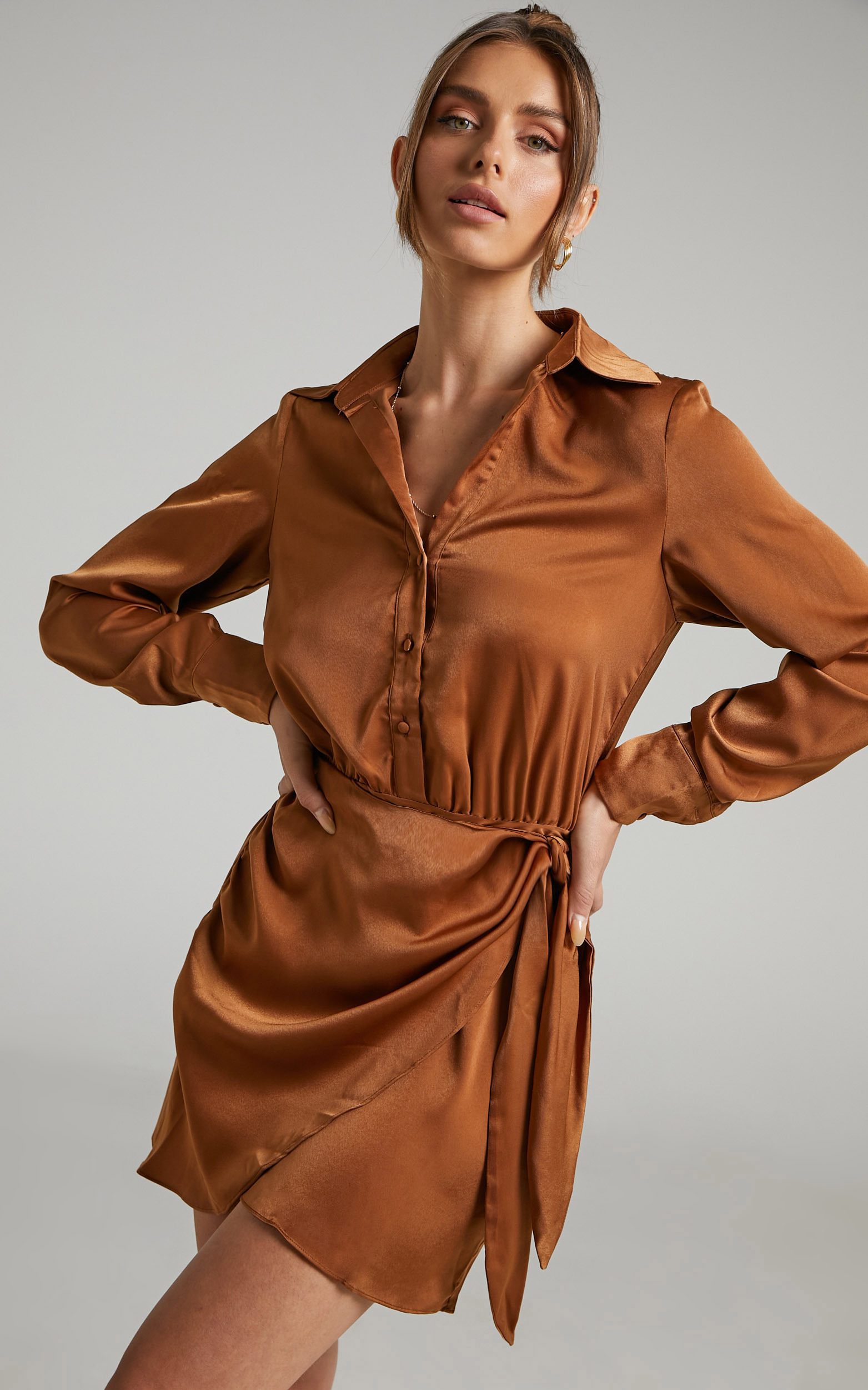 Michae Long Sleeve Wrap Front Mini Dress in Rust - 04, BRN1, hi-res image number null