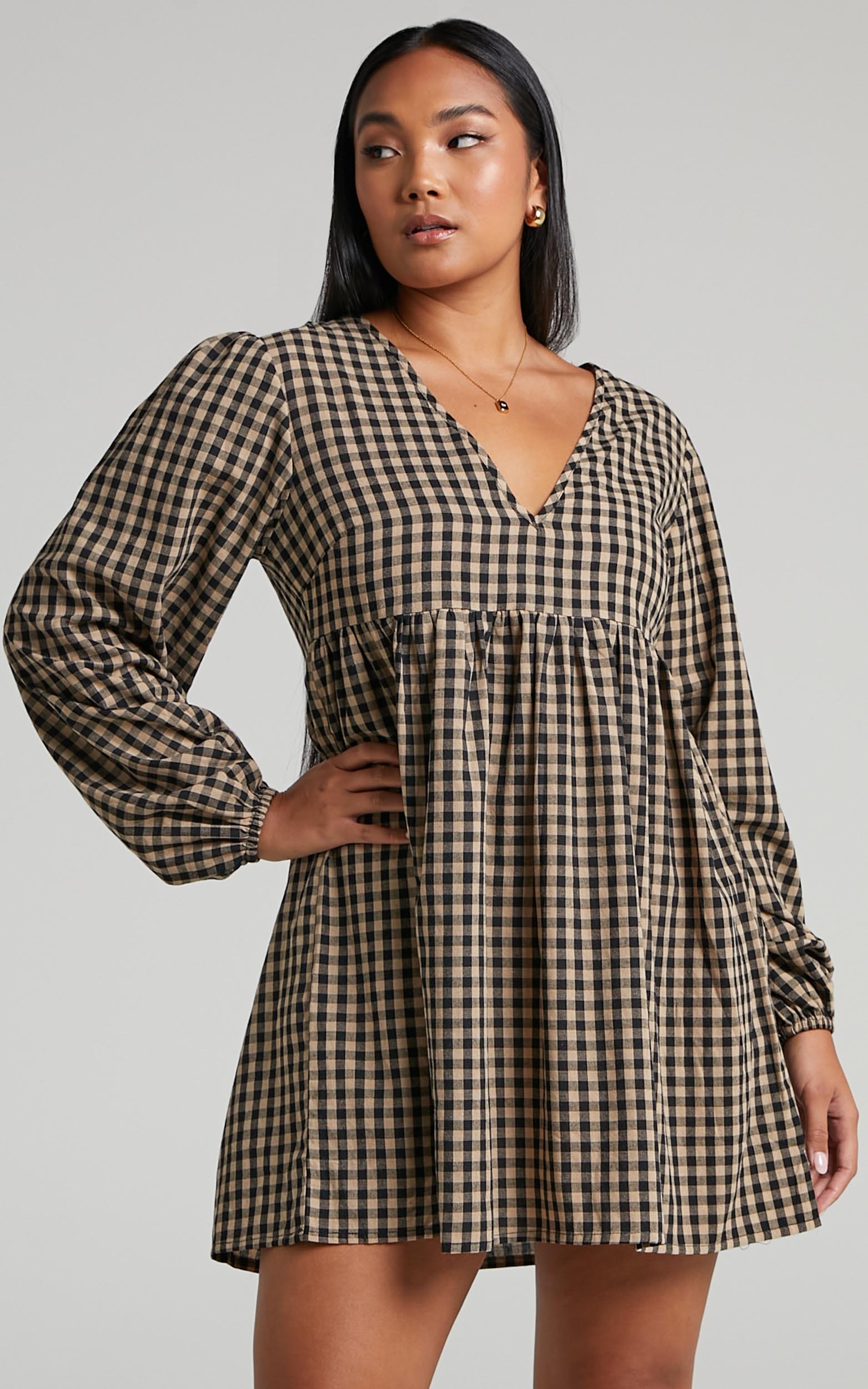 Kamrin Long Sleeve Mini Shift Dress in Gingham - 04, BLK1, hi-res image number null