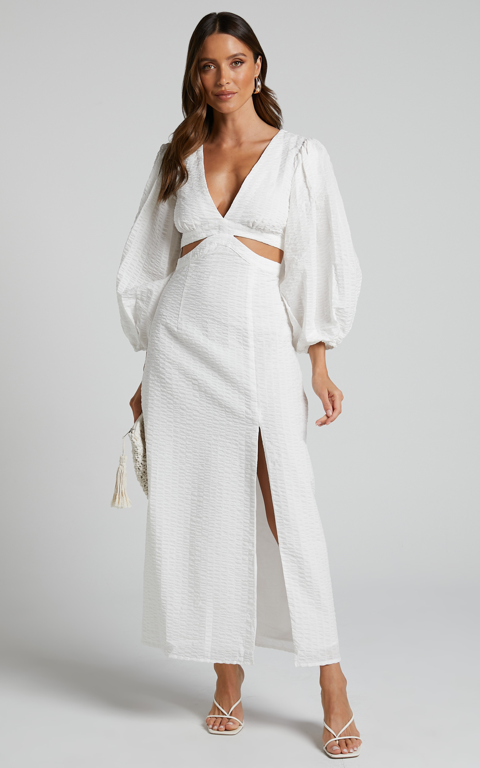 Miggy Midi Dress - Puff Sleeve Cut Out Split Dress in White - 06, WHT2, hi-res image number null