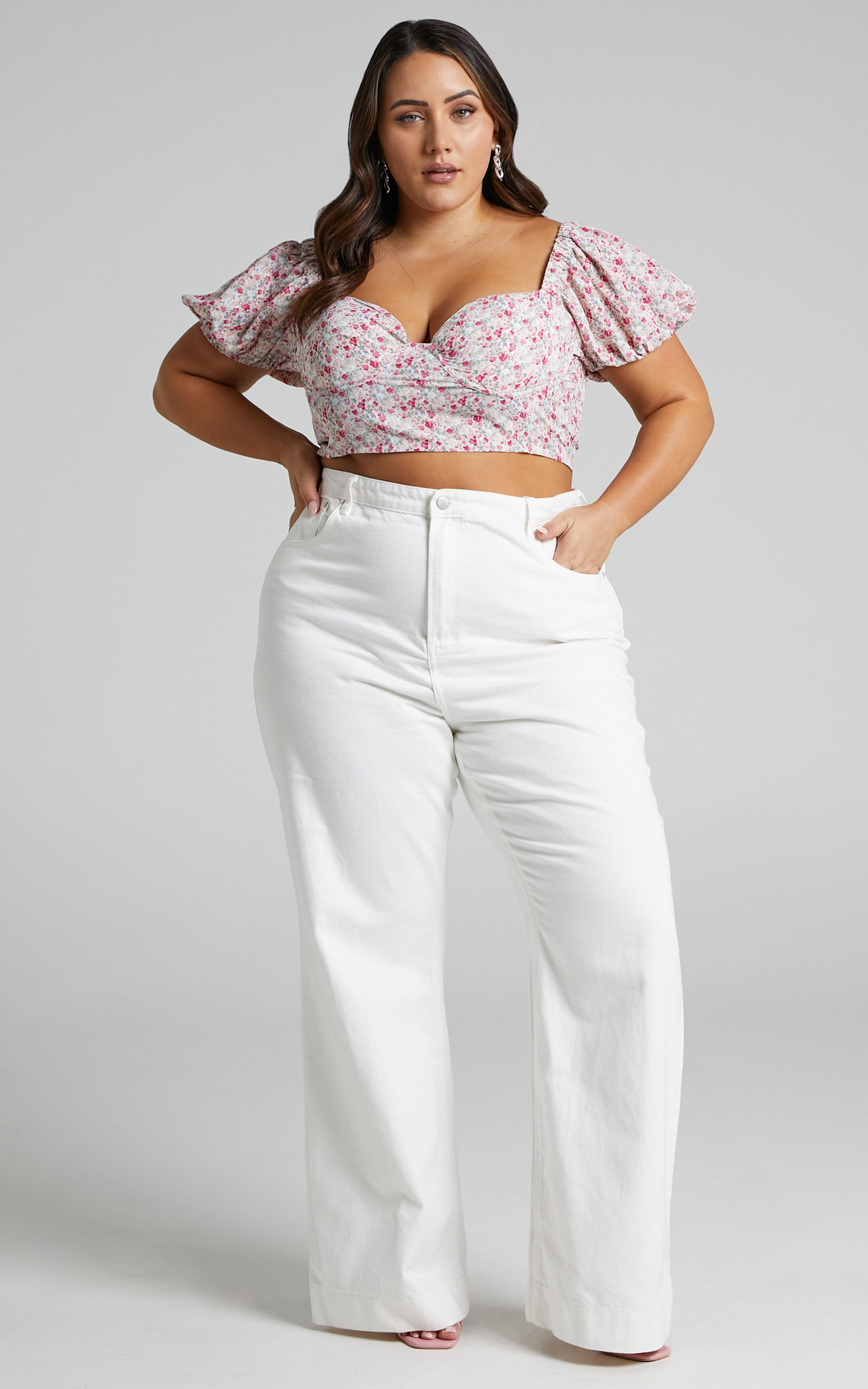 Solania Puff Sleeve Bust Cup Crop Top in White Floral - 04, WHT1, hi-res image number null