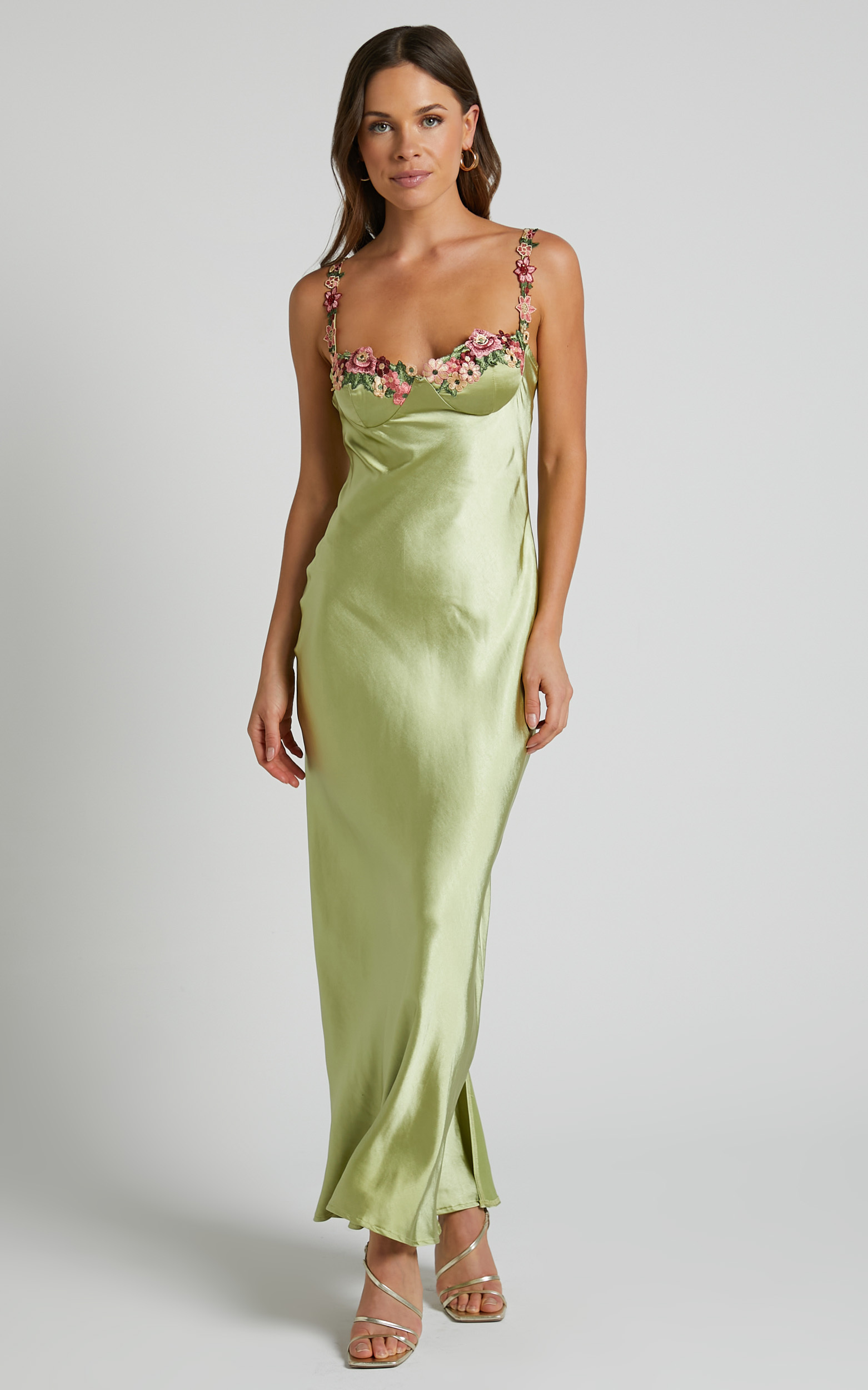 Harmony Floral Detail Cup Bust Satin Maxi Dress in Citrus - 06, YEL2, hi-res image number null