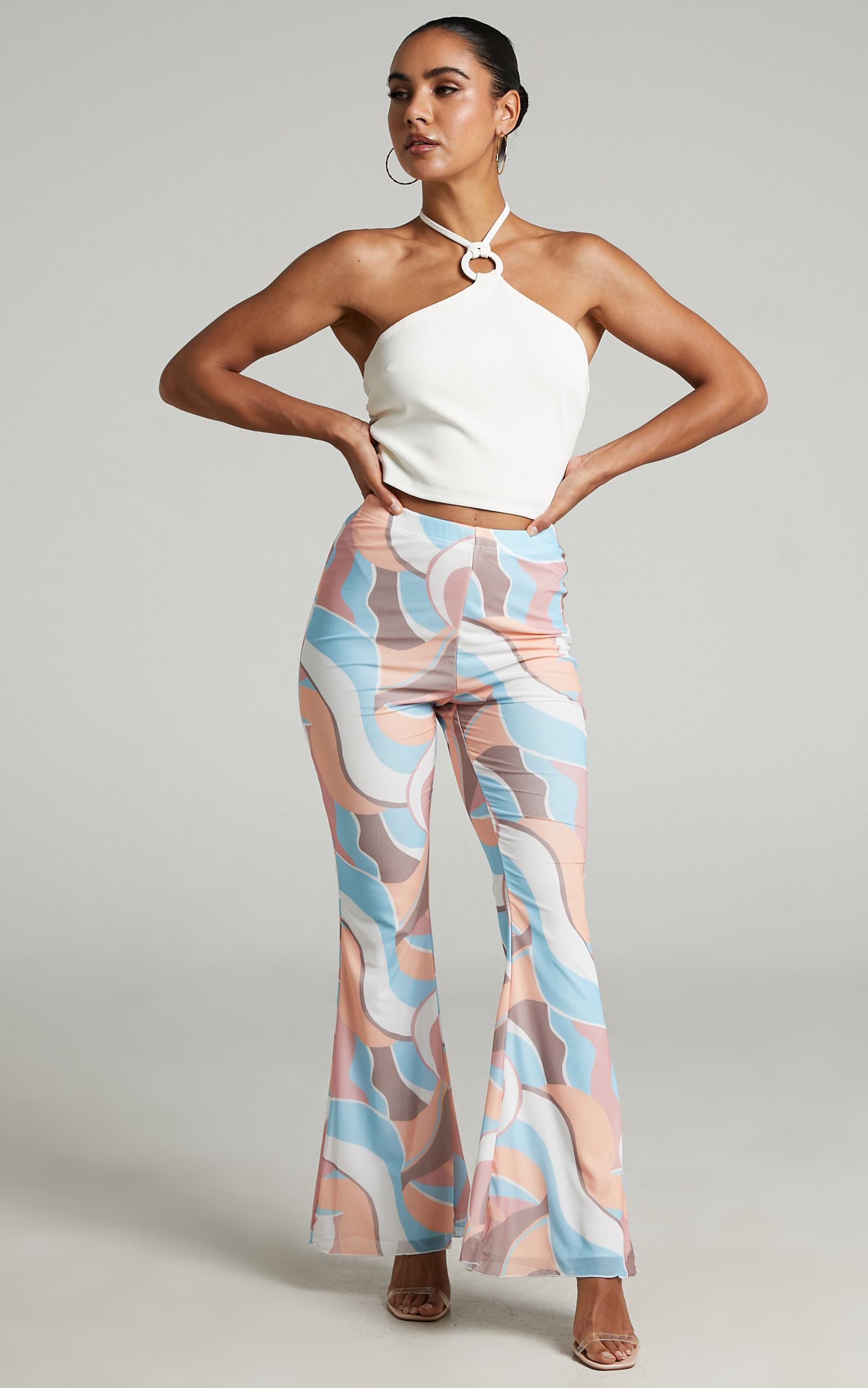 Adalene High Waisted Mesh Flare Pants in stripe print - 06, ORG1, hi-res image number null