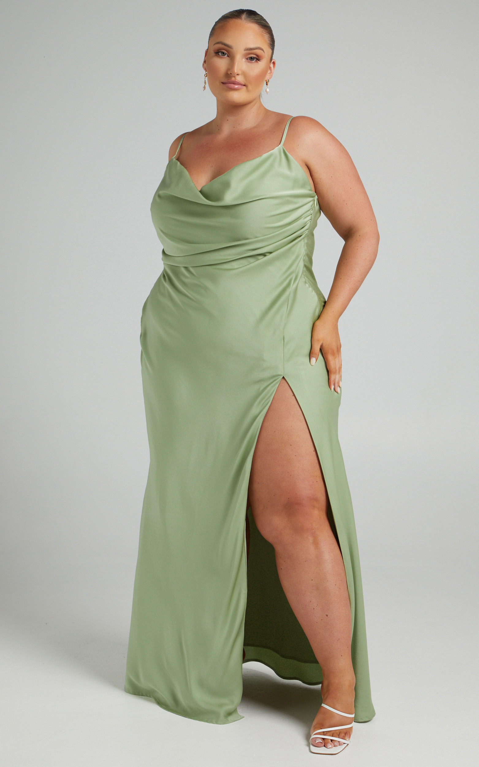 Jewelle Maxi Dress - High Split Cowl Neck Satin Dress in Green - 06, GRN1, hi-res image number null